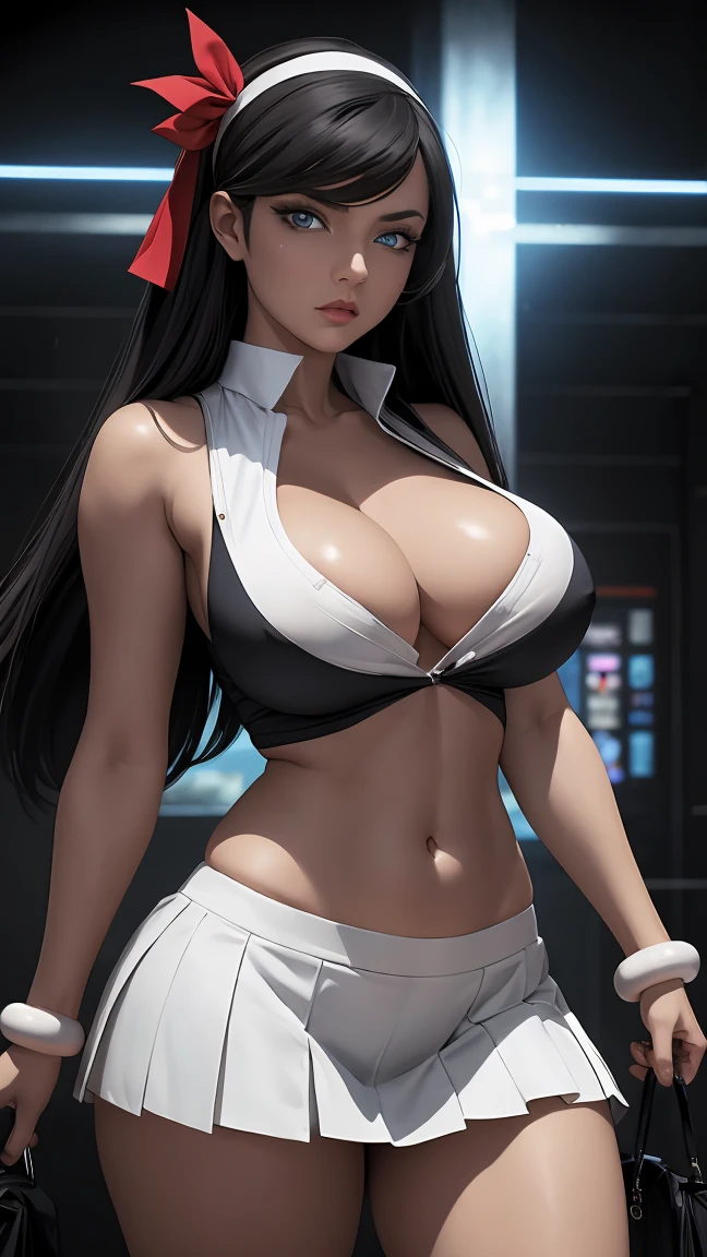 realistic 1.2, masterpiece, best quality, Kumashiro Maya, 1 , Alone, breasts, cleavage, Long hair, white headband, side stripe, blue eyes, looking at the viewer, Sweat, large breasts, camisa de collarinho, pleated skirt, flashy correction, happy, handsome,many accessories, colorful , Kogal, Kogal gyaru, collar, toys, bracelet, good bag, navel, diaphragm, (makeup:1.25), tanned, dark skin, ersing the viewer. The level of detail is inspiring, with intricate elements meticulously crafted, volumetric effects add depth and dimension, and the photorealism is unmatched. The image is rendered in 8K resolution, ensuring super detailed visuals. Volumetric lightning adds a touch of magic, highlighting your beauty and aura in a supernatural way. A tecnologia High Dynamic Range (HDR) makes the cores stand out, adding richness to the overall composition. Finally, this art presents an unreal portrait.