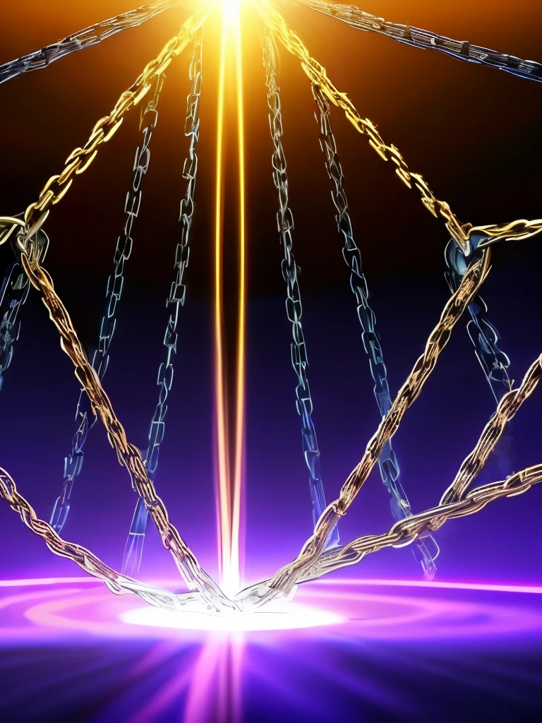 purple and blue lights are shining in a dark room, thick glowing chains, made of crystalized synapse, fine details. anime. tentacles, crystalized time warps, cosmic energy wires, aura of power. detailed, magical particles, ((chains)), infinite quantum portal, an epic anime of a energy man, time vortex in the background, interdimensional lightning