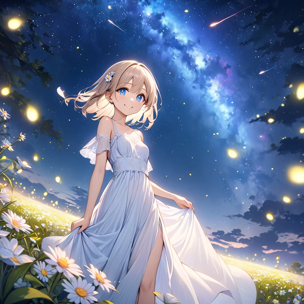 Please redeem, great quality, 8k, Very detailed, 2.5D, Delicate and dynamic, Fireflies flying around emitting small lights, night, Starry Sky, milky way, nebula, Shooting Star, flower, bird, smile, Delicate eye depiction, Healthy body shape, Small breasts, Colorful long dresses,