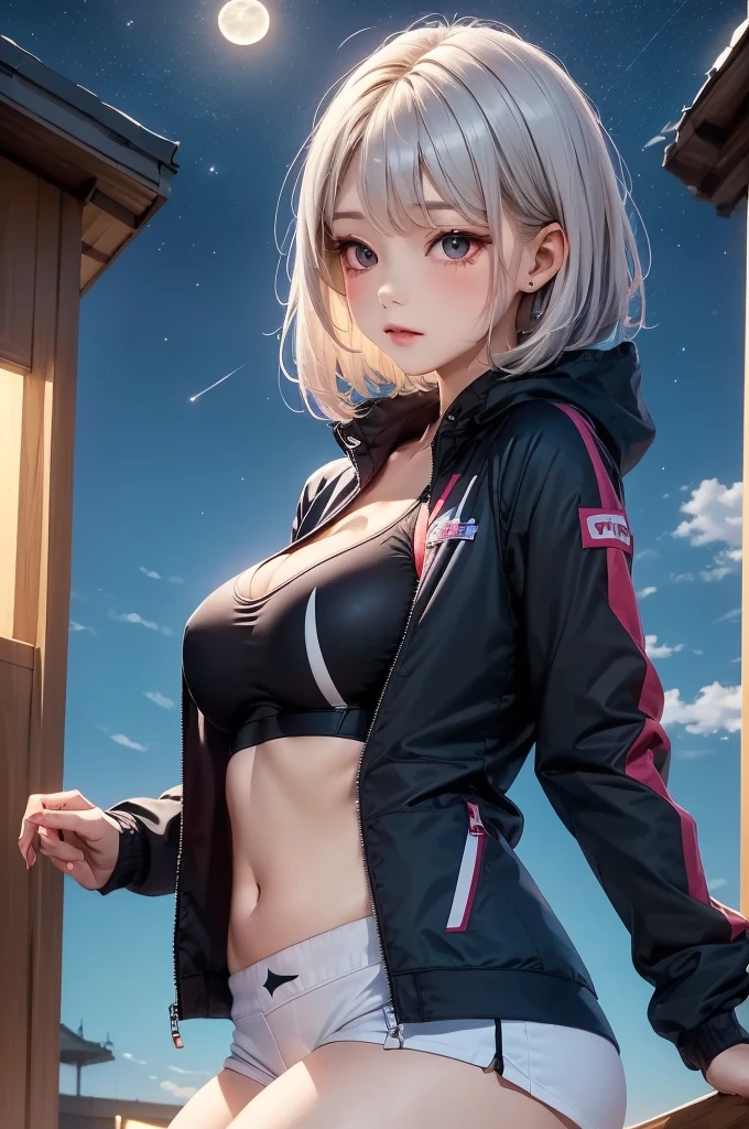 masterpiece, best quality, 1girl, medium breasts, white hair, beautiful, sky, night, star, moon, sports wear, sports girl, jacket. face:sweet girl