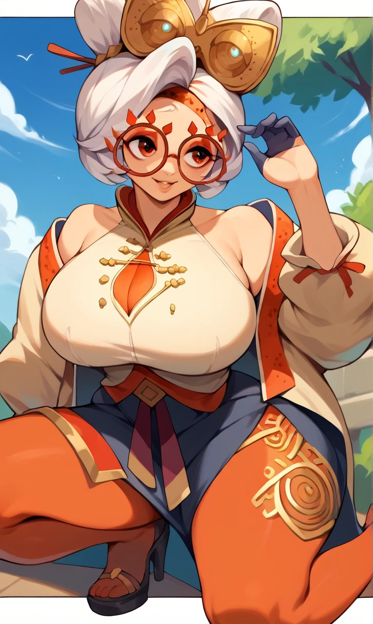 score_9, score_8_up, score_7_up, score_6_up, score_5_up, score_4_up, (source_anime), purah,
1girl,  huge breasts, narrow waist, thick thighs,  hair ornament, red headband, red glasses, sleeveless shirt, white coat, black skirt, red leggings, gloves, high heels, outdoors, happy,