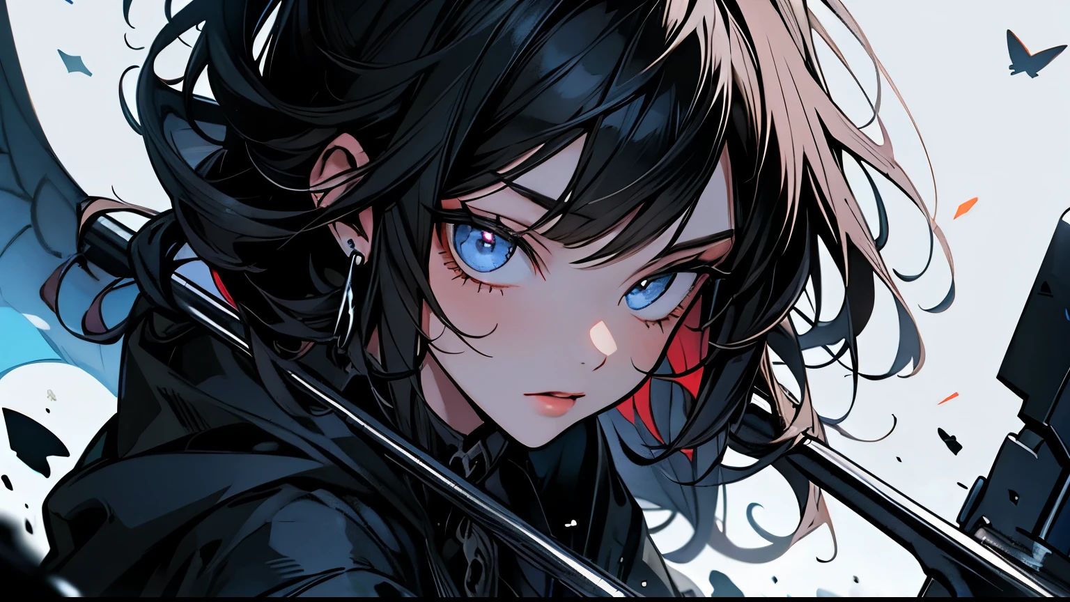 tomboy girl, handsome, short black hair, (masterpiece:1.2、highest quality), (Exquisite eyes: 1.2), (Detailed Background、Dark fantasy), (cute detailed face), High Contrast, (Best lighting、Very delicate and cool), ((Cinema Lighting) )), black coat with white dirty dress, blood splatter, colorful, Hyper Detail, Dramatic Light, Intricate details, serious face, moon behind (20 years old, 1 girl, solo, black short hair, messy hair, pony in left ,Sharp Face, green eyes, pony hair between the eyes, Dynamic Angle), (Blood splatter:1.4), Black light swirling around the character, Depth of written boundary, green light particles, Nightcore, black magician, Spectacular anime style, zerochan art, Anime Wallpaper, Burning, High quality anime art style, Key Anime Art