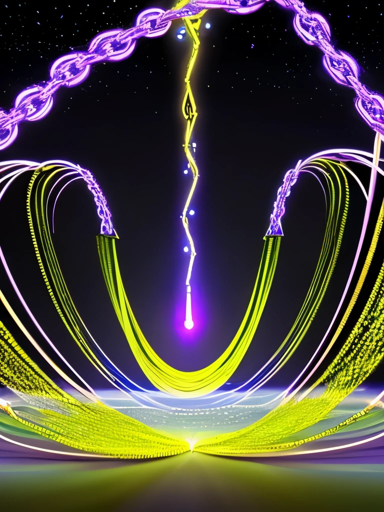 purple and blue lights are shining in a dark room, thick glowing chains, made of crystalized synapse, fine details. anime. tentacles, crystalized time warps, cosmic energy wires, aura of power. detailed, magical particles, ((chains)), infinite quantum portal, an epic anime of a energy man, time vortex in the background, interdimensional lightning