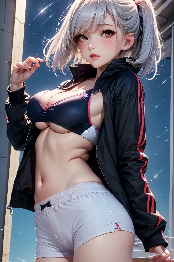 masterpiece, best quality, 1girl, medium breasts, underboob:1.3, white hair, beautiful, sky, night, star, moon, sports wear, sports girl, jacket. face:sweet girl