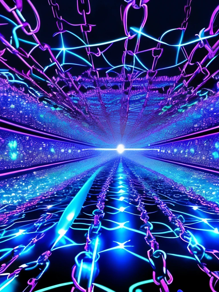 purple and blue lights are shining in a dark room, thick glowing chains, made of crystalized synapse, fine details. anime. tentacles, crystalized time warps, cosmic energy wires, aura of power. detailed, magical particles, ((chains)), infinite quantum portal, an epic anime of a energy man, time vortex in the background, interdimensional lightning