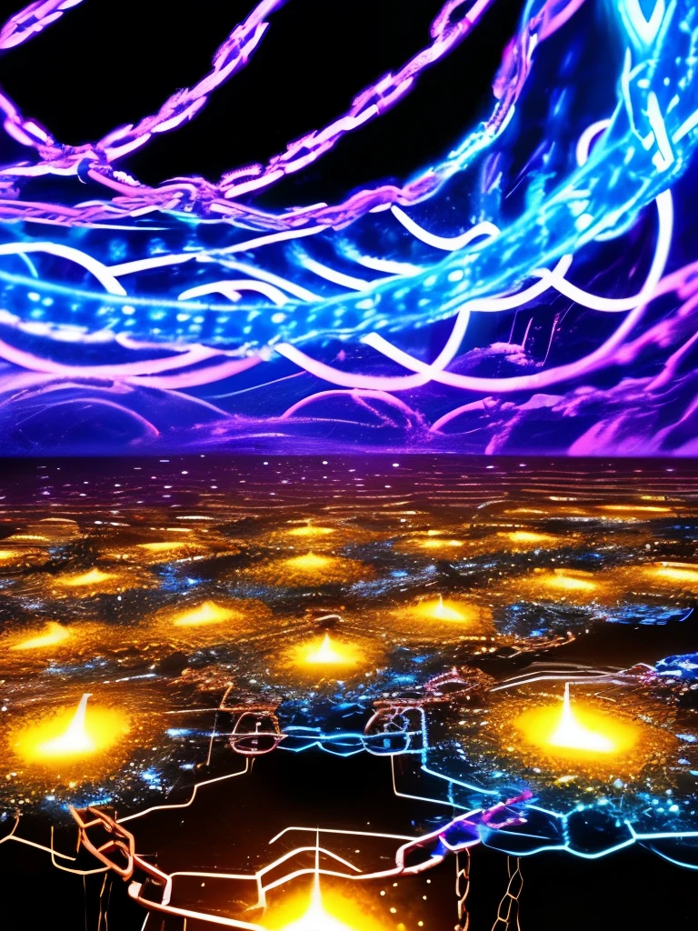 purple and blue lights are shining in a dark room, thick glowing chains, made of crystalized synapse, fine details. anime. tentacles, crystalized time warps, cosmic energy wires, aura of power. detailed, magical particles, ((chains)), infinite quantum portal, an epic anime of a energy man, time vortex in the background, interdimensional lightning