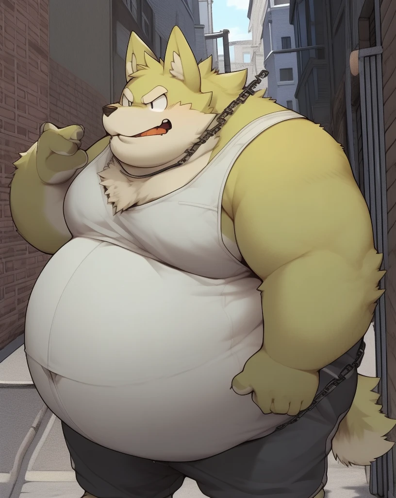 nj5furry, Fat hairy boy, lobo, yellow fur, obese, Big belly, large pectorals, white tank top, chain on the neck, black baggy sweatpants, chain on pants, confident face, townhouse, chico streetjero, street, by day