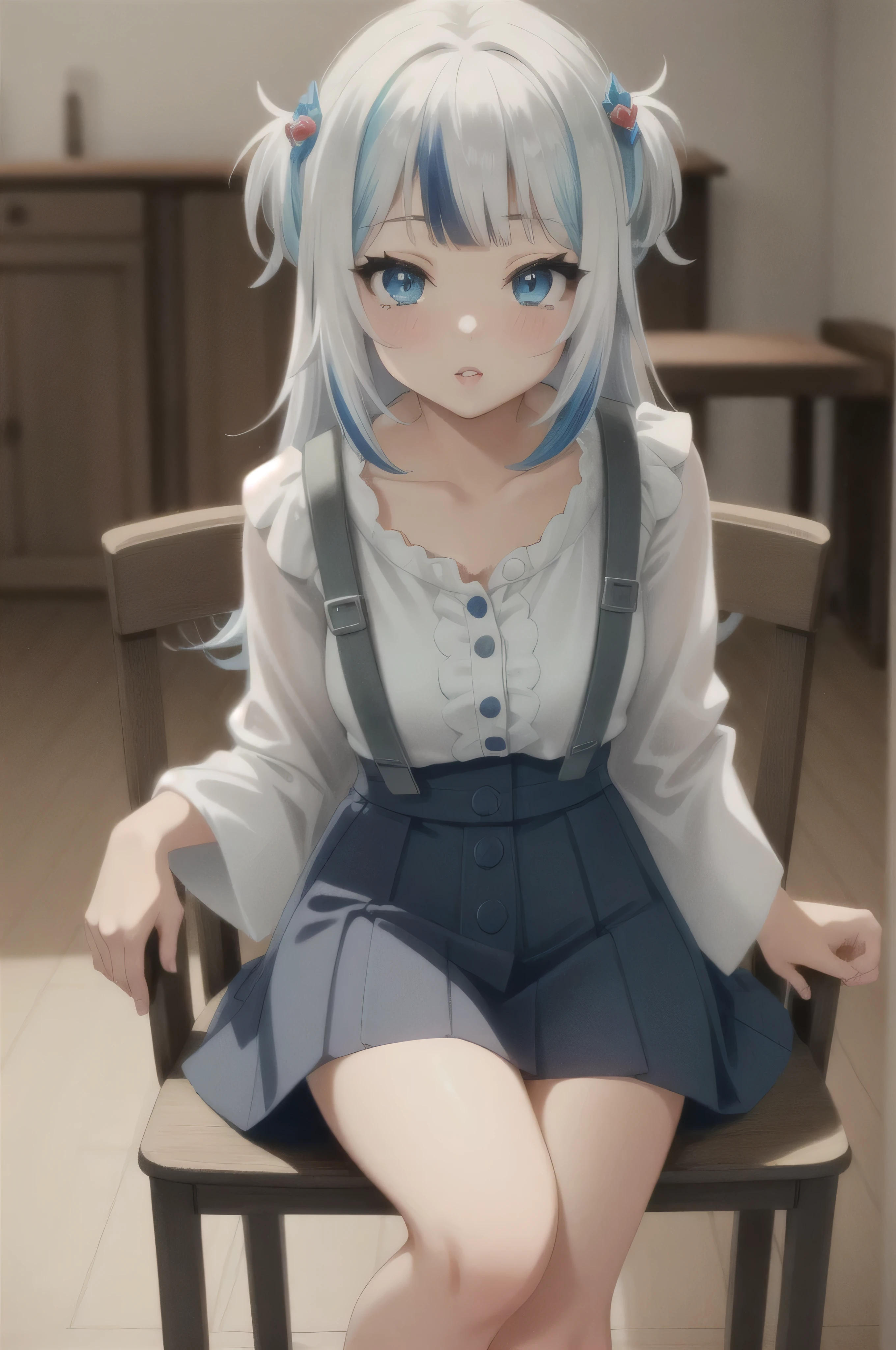 a cute anime style 1girl, beautiful detailed eyes, beautiful detailed lips, extremely detailed face, long eyelashes, gawr gura character, wearing a white shirt, blue skirt, sitting on a chair, detailed background, cinematic lighting, highly detailed, 8k, photo-realistic, (best quality, 8k, highres, masterpiece:1.2), vivid colors, soft lighting