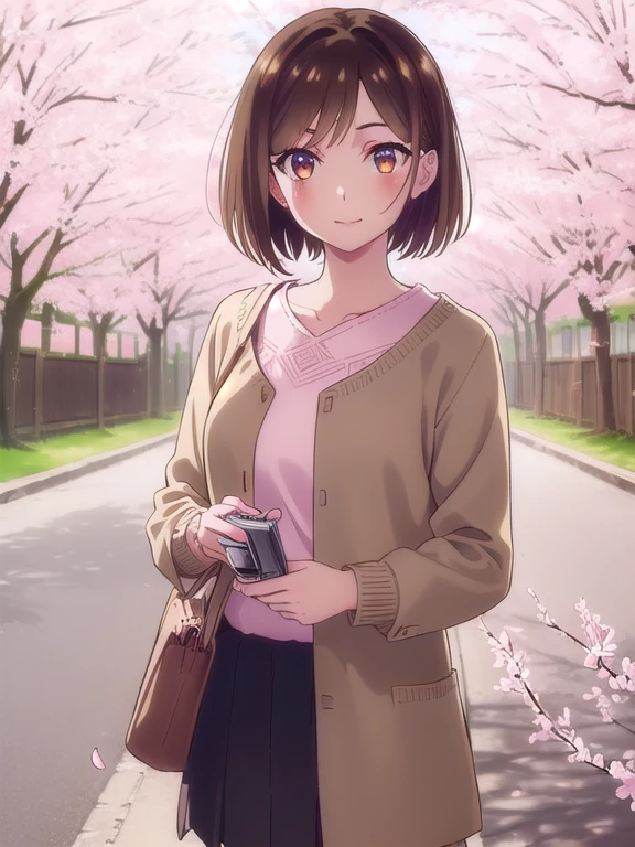 ((springの服,Light pink clothes)),(Long Bob:1.5,Shaggy), bangs, Brown Hair,mizuharachizuru, Chizuru Ichinose, solo woman, (Brown eyes:1.5), smile,(cherry blossoms,Cherry Blossom Viewing,spring,noon),looking at viewer, (Cowboy Shot:1.5),(masterpiece:1.2), Best Quality, High resolution, Unity 8K Wallpaper, (Illustration:0.8), (Beautiful detailed eyes:1.6), Highly detailed face, Perfect lighting, Highly detailed CG, (Perfect hands, Perfect Anatomy),