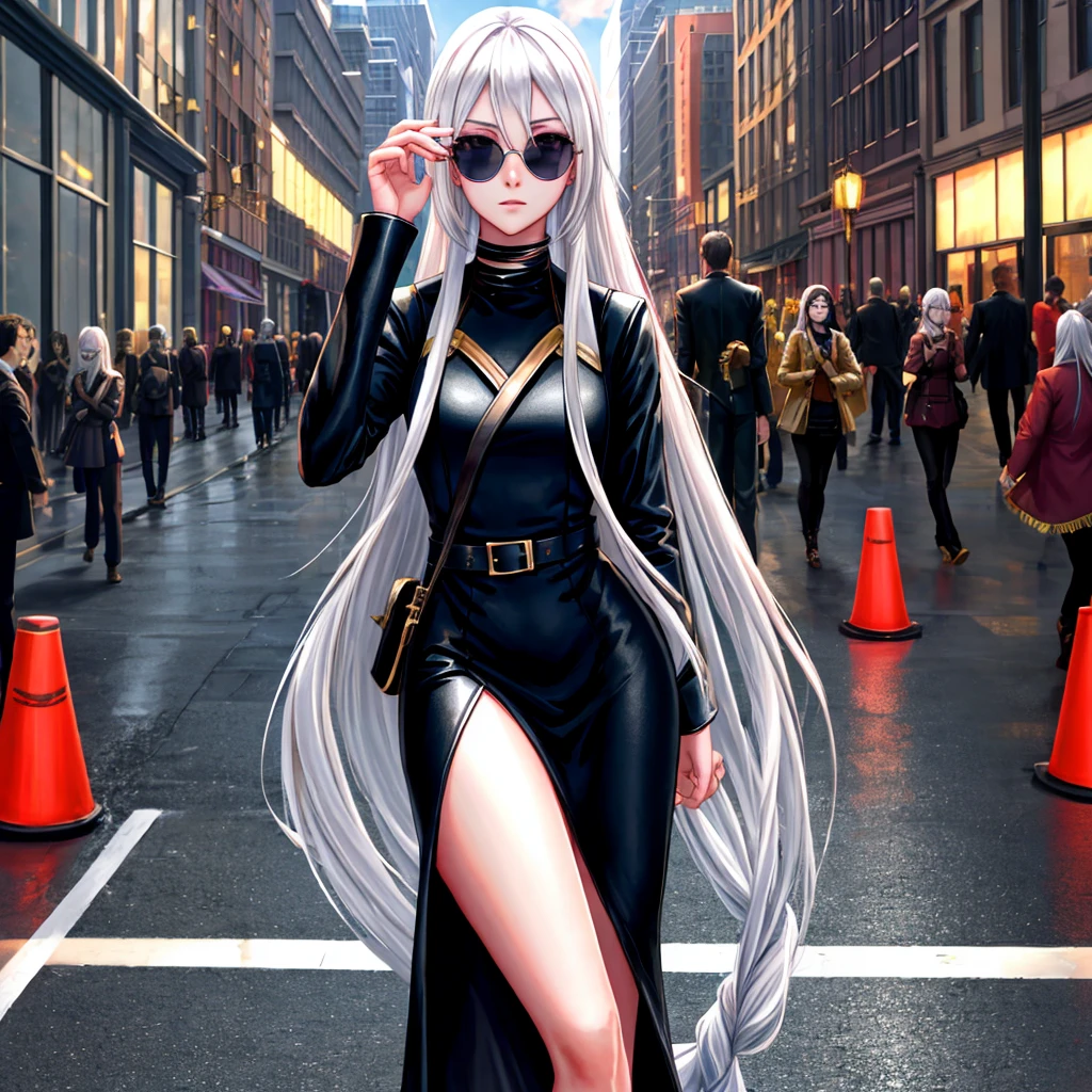 Ultra Quality, Shiny Skin, Atmospheric, 8K, Cinematic, ((Street background)), BREAK, ((Long White Hair)), narrowed black eyes, long black dress, fingers crossed, Sunglasses