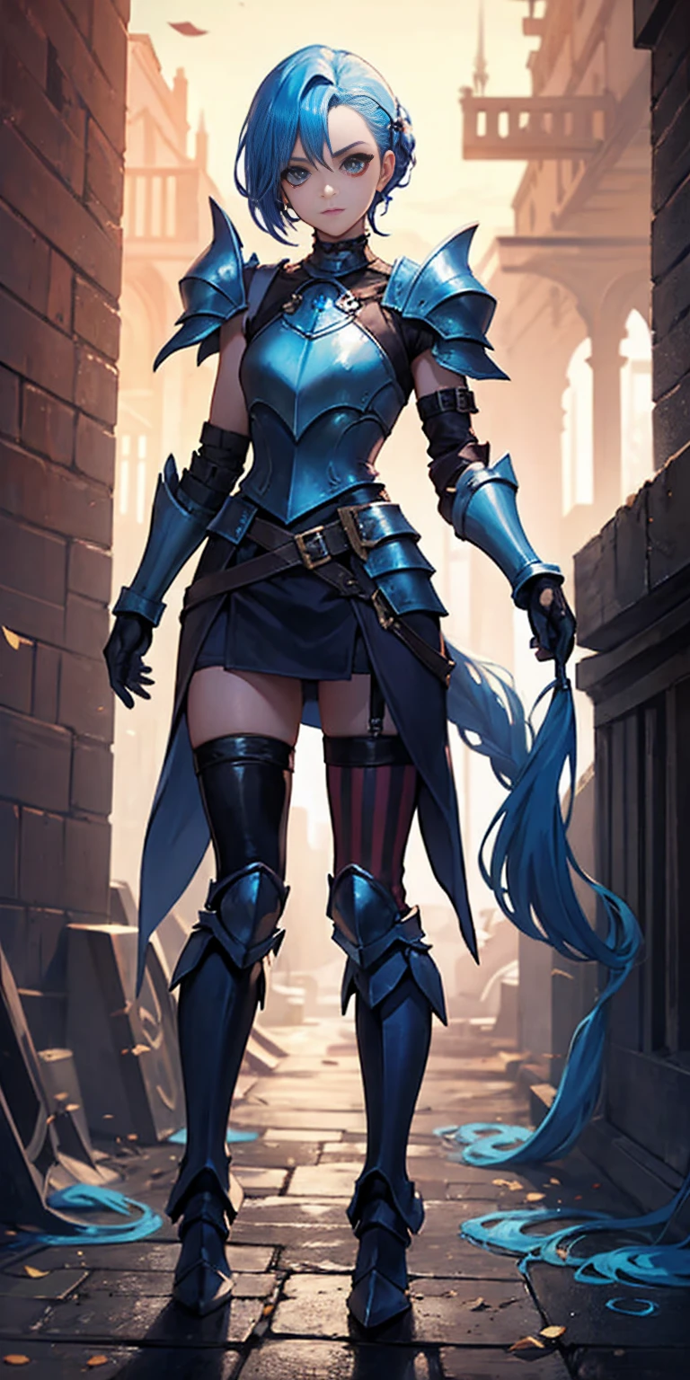 full body, def_effie, blue breastplate, blue skin, looking at viewer, shiny,armor, thighhighs, high boots,shoulder armor, faulds, poleyn, gloves, gauntlets