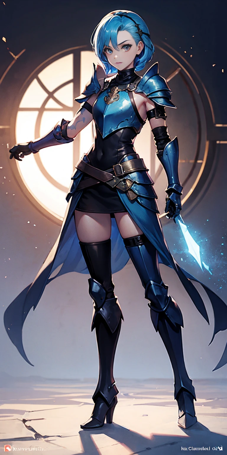 full body, def_effie, blue breastplate, blue skin, looking at viewer, shiny,armor, thighhighs, high boots,shoulder armor, faulds, poleyn, gloves, gauntlets