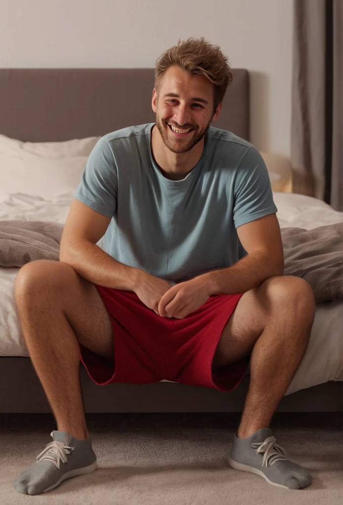 Cute male in a submissive position on a bed, only wearing tight lingerie, blushing, legs spread, moaning