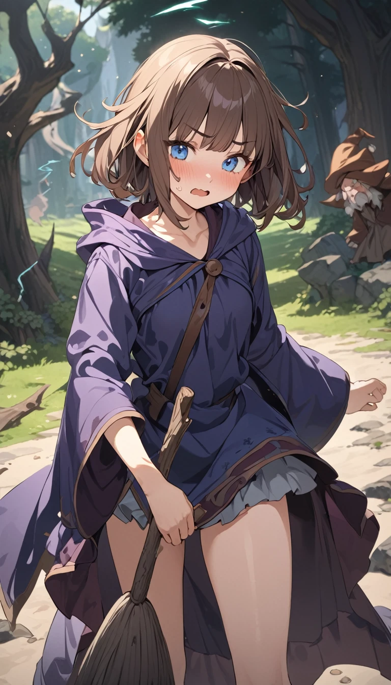 masterpiece, Best Quality, High resolution, Super detailed, Anime Style,  Fantasy, Cowboy Shot, One Girl, solo, Clumsy Wizard,  The failed spell, panic, Cute Face, Standing, Small breasts, Brown medium hair, Bangs, break, Blue Eyes, break, Wizard Robe, skirt, Outdoor, 