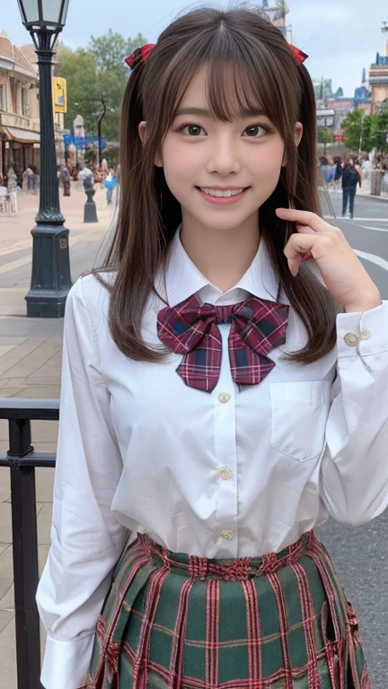 Tabletop, Please redeem, 8k、(Golden ratio face、Balanced Eyes、Very lively eyes、Slightly droopy eyes)、double eyelid、Innocent face、Young Face、Beautiful Nose、Embarrassed Laugh、Lip gloss、Balanced Style、Brown twin tail hair、Very beautiful girl、Beautiful girls are alone like models、Red ribbon hair、Bow tie、Sailor suit、White shirt、Tartan Check Skirt、１６Year、Beautiful smile、teeth、Standing in Disneyland、