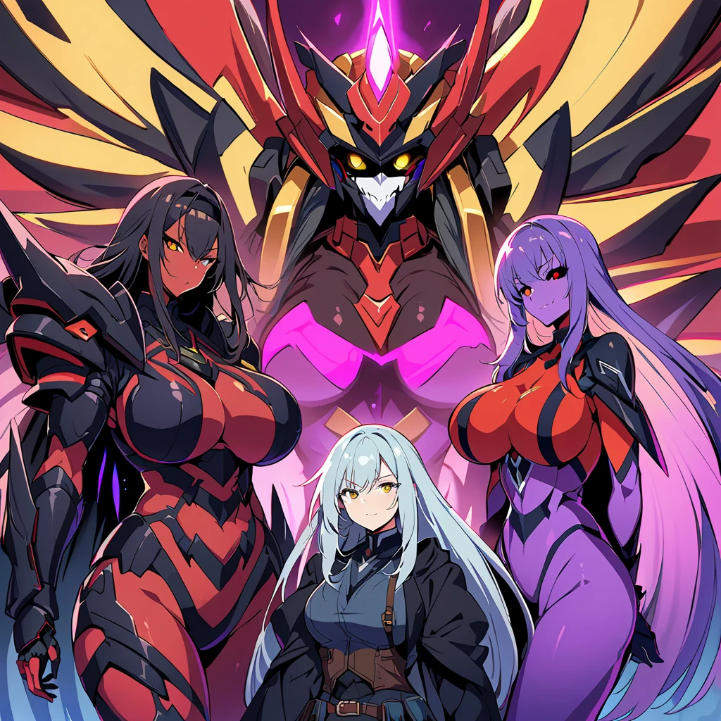 Anime, high detailed, multiple womans, mature womans, dark Ebony mecha armor, large mechanical wings, evil grin, large clawed Gauntlet, red skin, curvy body, long mechanical tail,black sclera、Colored sclera、crimson Colored skin、Yellow Eyes, elongated pupils,  Mature Woman、Black-purple aura、womans surrounding, background a glacier region