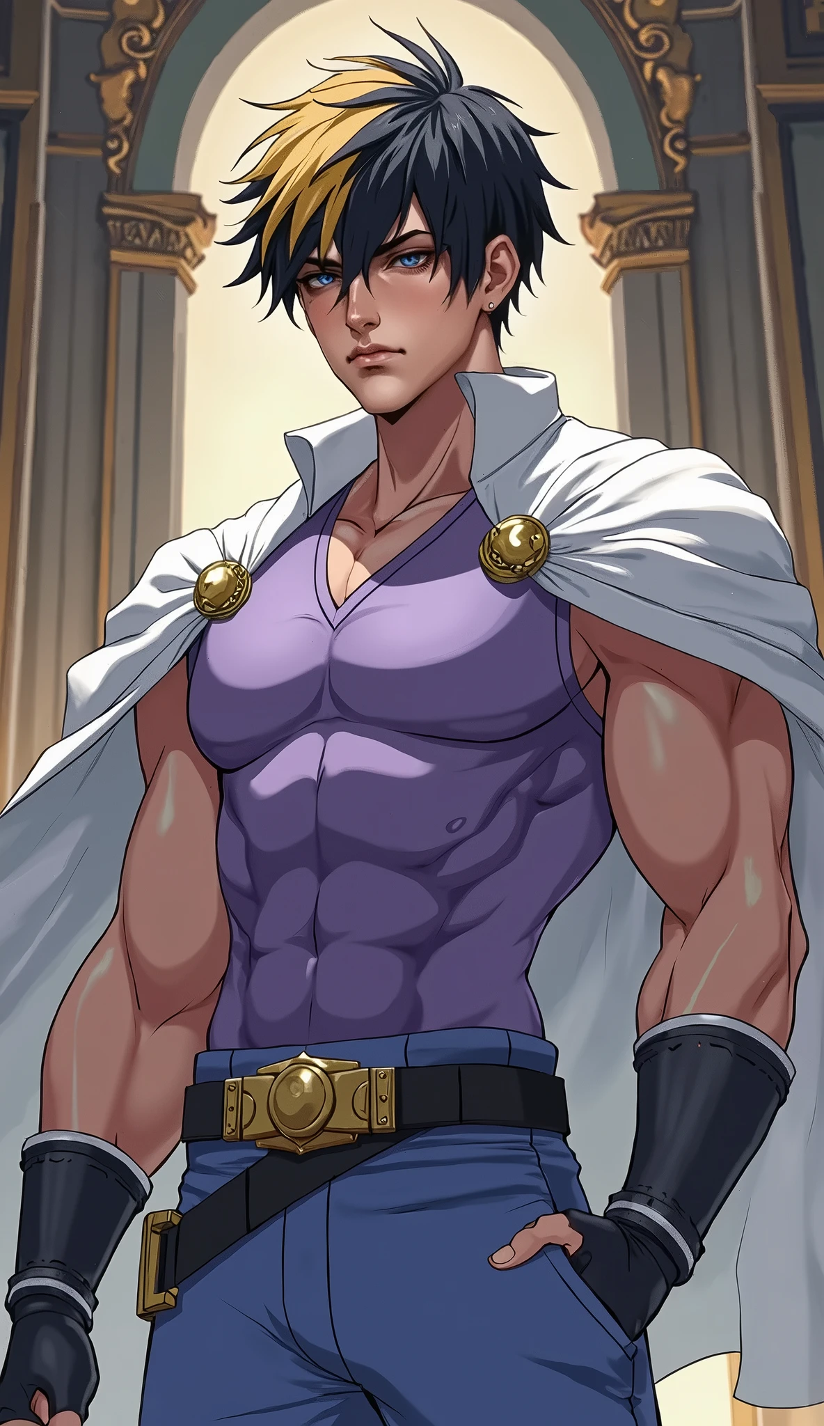 4k, anime illustration, [[mature]] male draph, ((cowboy shot)), muscular devil (man), flat pecs, [big arms], big hard penis, (black spiky hair), (glaring silver eyes:1.2), elegant, erotic, oozing sexual energy, homoerotic, sharp focus, soft lighting, vibrant colors, (masterpiece), (detailed face), ((detailed eyes)), symmetric face, symmetric eyes, evil smile, Reinhardtzar, highly detailed penis, (big balls), silky penis, big fresh testicles, standing, Sexual arousal,