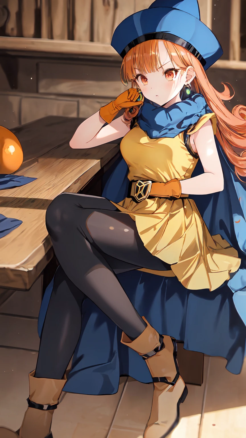 Arena - DQ4, DQ4 Arena,Black Pantyhose,青いCape,Blue hat,boots,Curly Hair,Earrings,Long Hair,Orange Gloves,Orange Hair,Red eyes,Sleeveless,yellow dress,Yellow Skirt, 1 girl, Alone, One girl,Alone,DQ4-Arena,Long Hair,Purple eyes,Orange Hair,Sleeveless,Black Pantyhose,yellow dress,Yellow Skirt,belt,Cape,Curly Hair,gloves,Small breasts, boots,Shiny,room,Sit on a chair,table,Lost in Thought, (masterpiece), (Best Quality), (Super detailed), Intricate details,