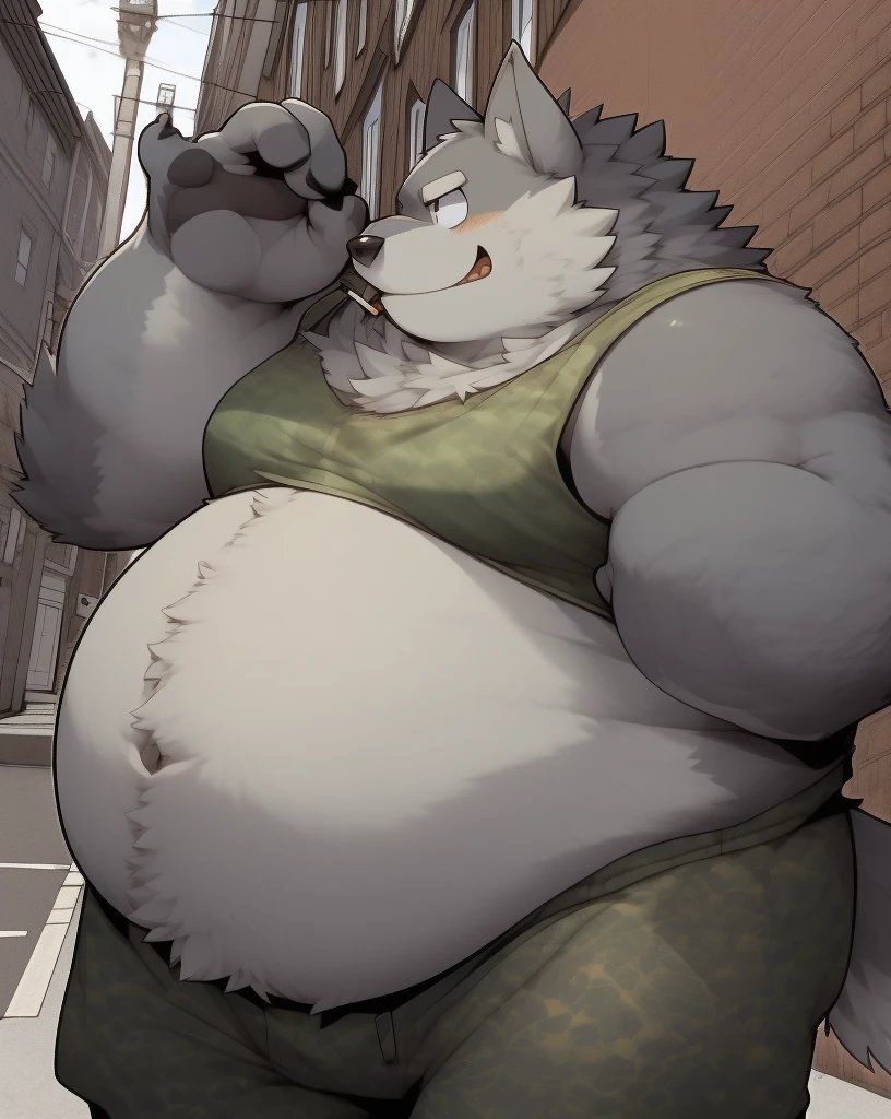 nj5furry, Fat hairy boy, lobo, thick, disheveled fur, obese, Big belly, prominent pectorals, printed tank top, chain on the neck, black baggy sweatpants, chain on pants, smoking a cigarillo, confident face, townhouse, chico streetjero, street, by day