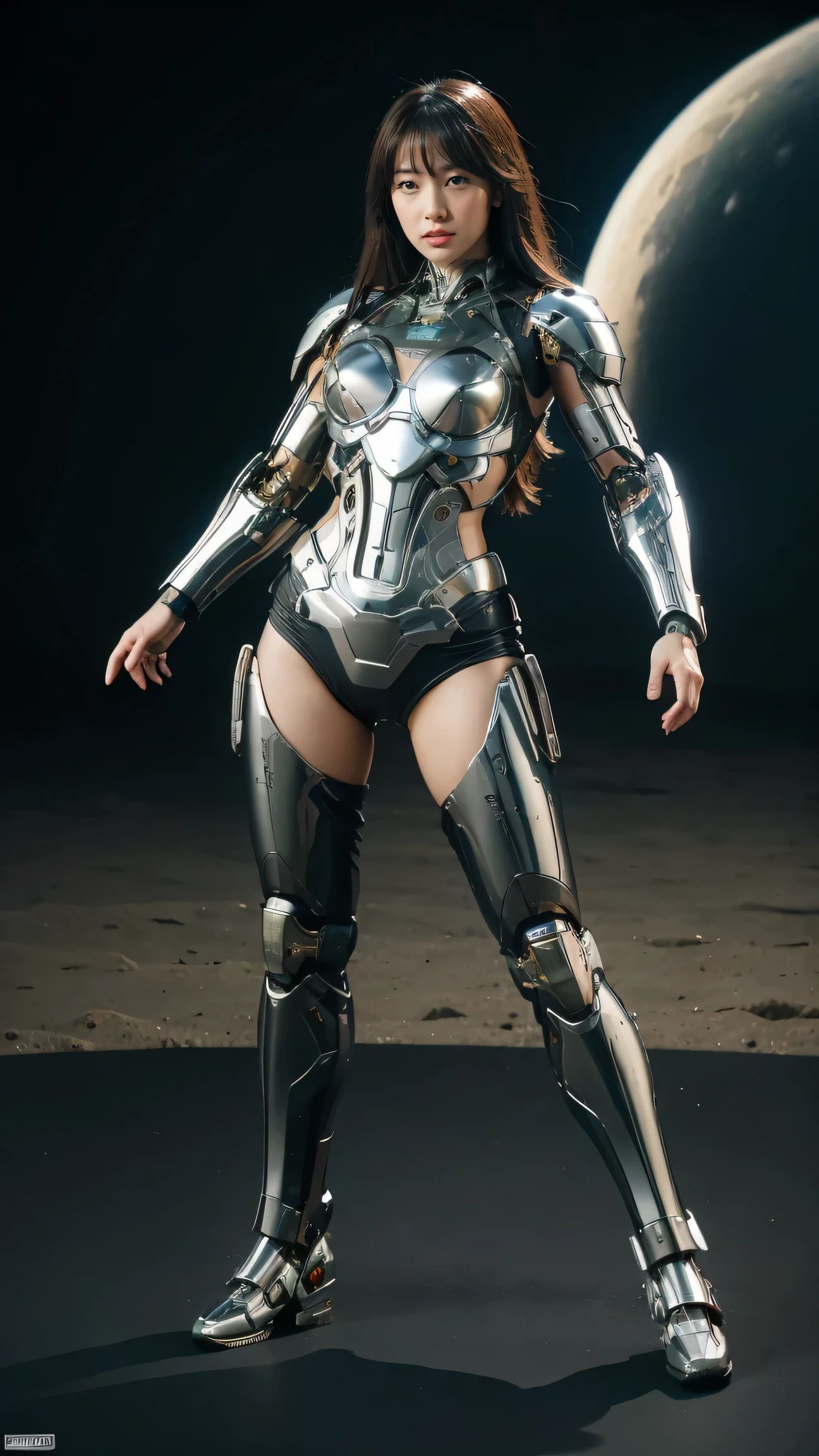 Textured skin, Super detailed, Attention to detail, High image quality, Best Quality, High resolution, 1080P, hard disk, beautiful,(cyborg),(Missiles fired from the chest),Beautiful cyborg woman,Mecha Cyborg Girl,BATTLE MODE,Girl with a mechanical body,She wears a combat cyborg mech equipped with weapons,Full Body Shot、Lunar Surface