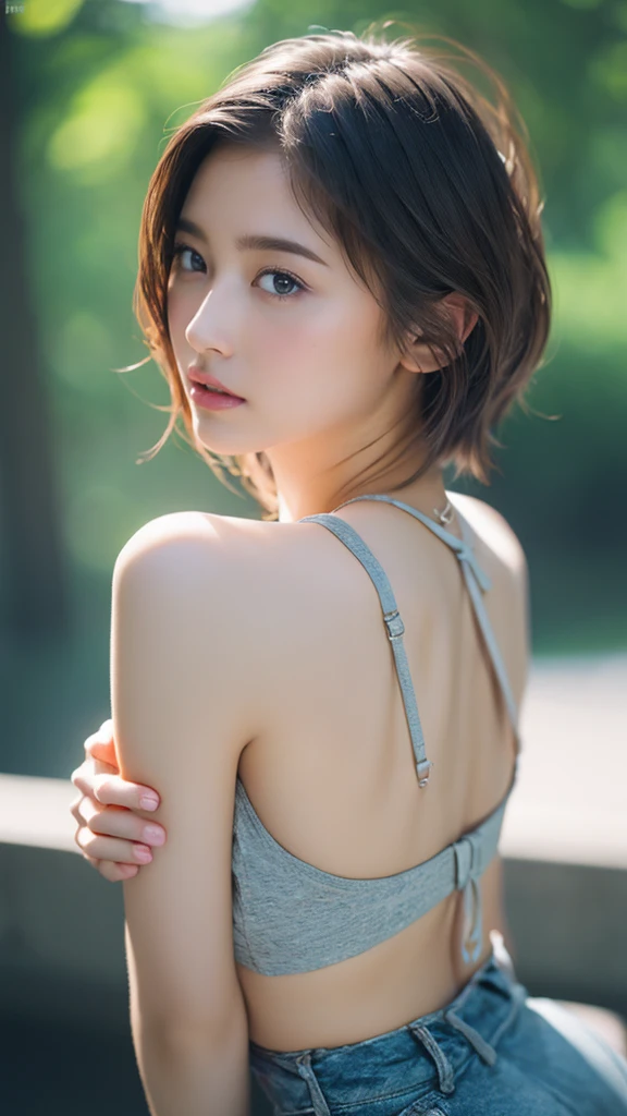 High resolution、masterpiece、Textured skin、High image quality、超High resolution、Very detailed、woman、20 years old、Center parted very short hair、Large Breasts、sexy、Perfect Style、Ray Tracing, Background blur, solo, Simple Background, 