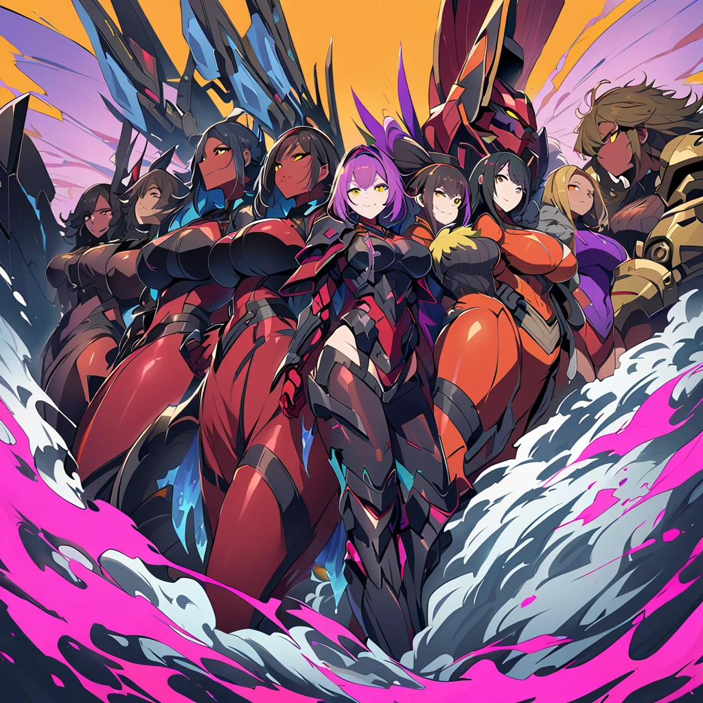 Anime, high detailed, multiple womans, mature womans, dark Ebony mecha armor, large mechanical wings, evil grin, large clawed Gauntlet, red skin, curvy body, long mechanical tail,black sclera、Colored sclera、crimson Colored skin、Yellow Eyes, elongated pupils,  Mature Woman、Black-purple aura、womans surrounding, background a glacier region