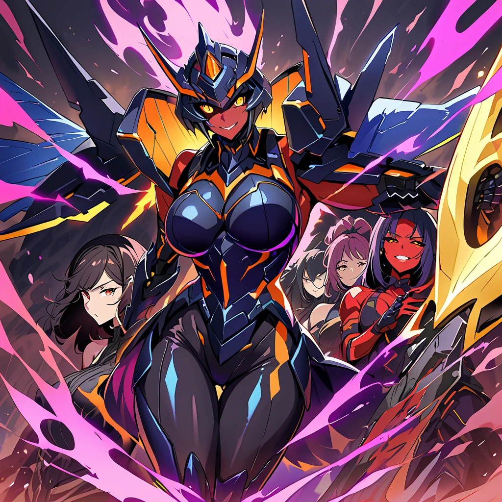 Anime, high detailed, multiple womans, mature womans, dark Ebony mecha armor, large mechanical wings, evil grin, large clawed Gauntlet, red skin, curvy body, long mechanical tail,black sclera、Colored sclera、crimson Colored skin、Yellow Eyes, elongated pupils,  Mature Woman、Black-purple aura、womans surrounding, background a glacier region