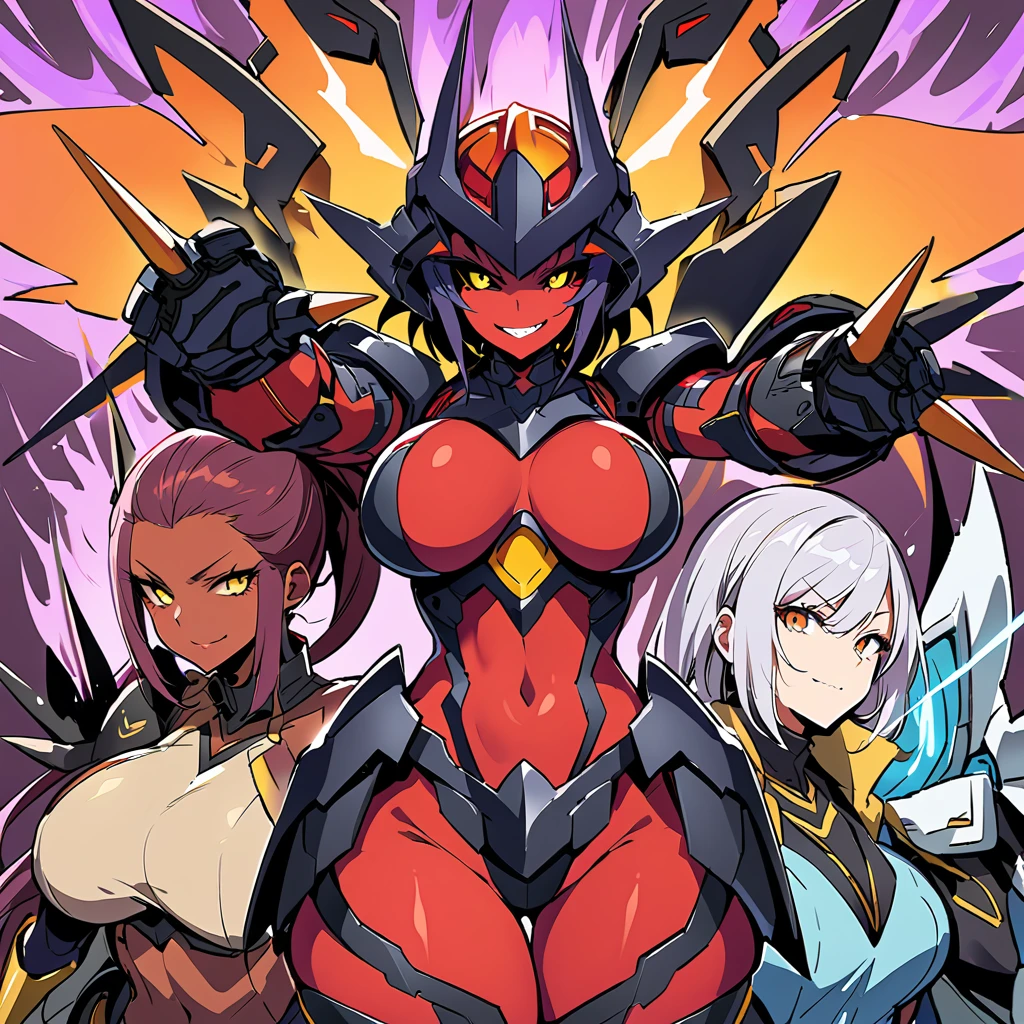 Anime, high detailed, multiple womans, mature womans, dark Ebony mecha armor, large mechanical wings, evil grin, large clawed Gauntlet, red skin, curvy body, long mechanical tail,black sclera、Colored sclera、crimson Colored skin、Yellow Eyes, elongated pupils,  Mature Woman、Black-purple aura、womans surrounding, background a glacier region