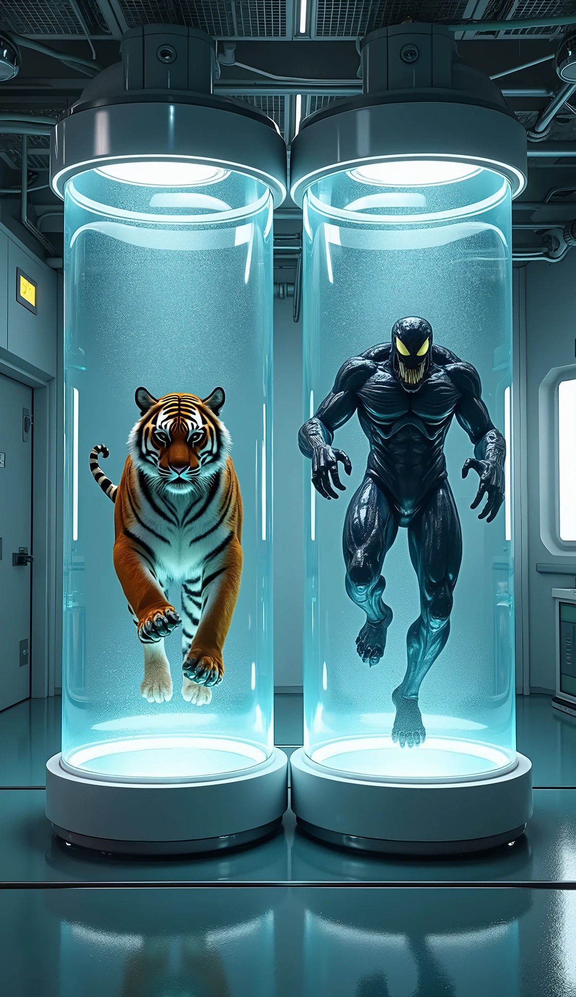 Venom and the animal black panther、genetic research institute。There is a large glass cylinder used for scientific experiments。They are each contained in a cylinder。Black Panther prompt「Beautiful black leopard walking through the deep jungle。Her supple body melts into the darkness、Shiny black fur illuminated by moonlight。Sharp yellow eyes staring into the distance、As if searching for prey。Dense trees behind々Spread、green々The thick leaves and vines are intertwined.、It exudes a mysterious atmosphere。The black panther is powerful yet graceful.、I feel tension and calm at the same time.。」Like this