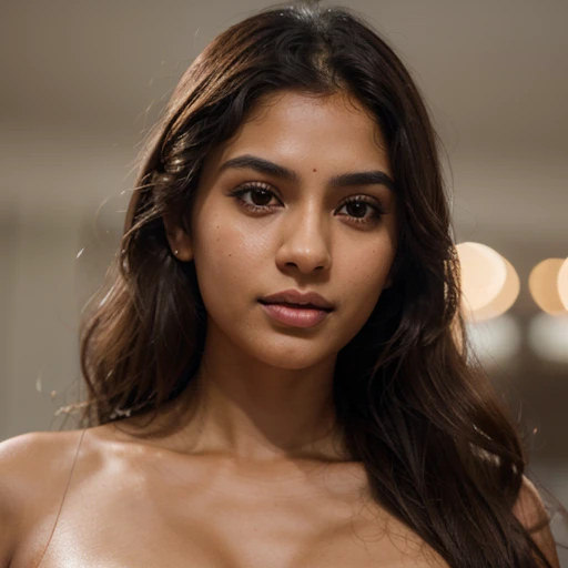 A young indian woman aged 23, masterpiece, high quality, ultra realistic, body measurements-33:27:36, absolutely stunning, beautiful detailed portrait, light brown skin color, brown eyes,brown wavy hair till waist, oval shaped face, pointed chin, 8k, heart shaped lips, thin pointed eyebrows, sharp neckline, closed mouth, consistent,height-5'3, weight-45 kg, small monolid eyes, exact fingers, human, highly rendered,8k,raw,full shot, front pose, realistic, pointed ear shape, straight snub nose, clear face, hyper realistic, lighting, sharp details,consistent face and body