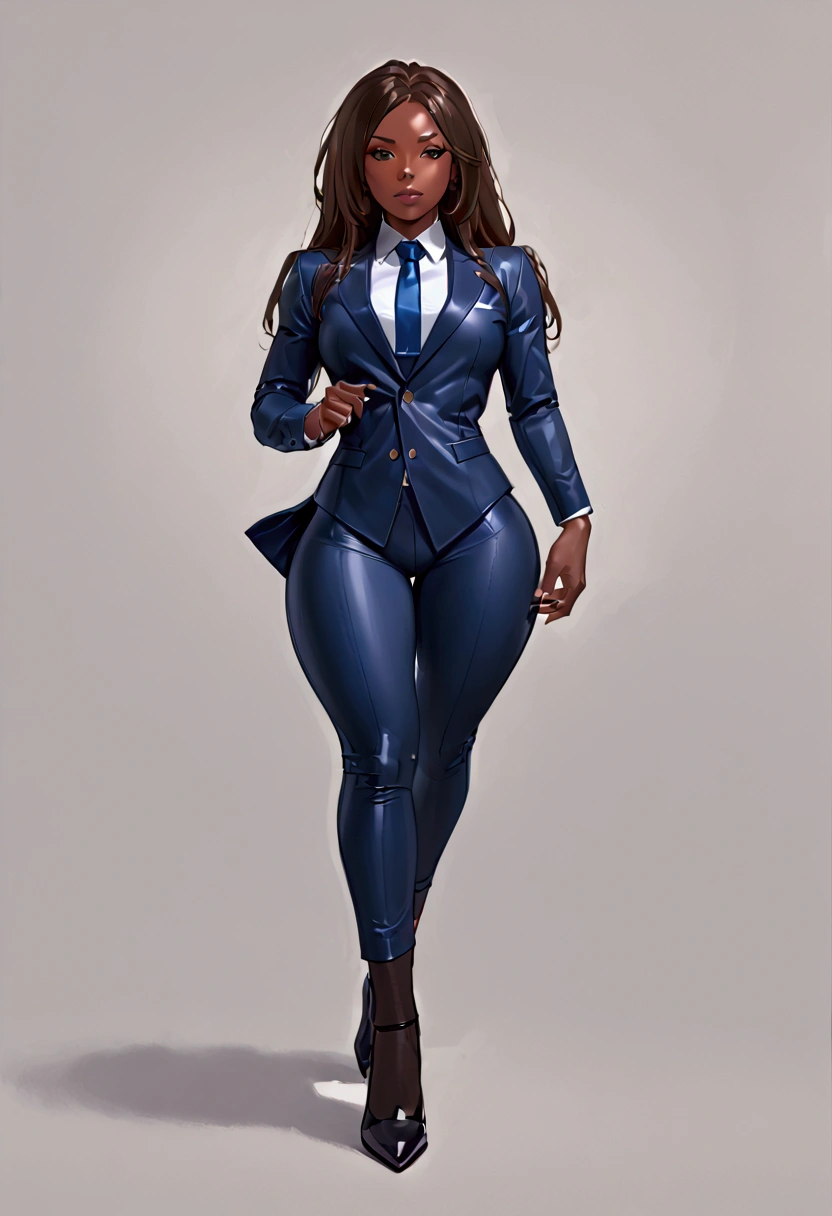 araffe Femboy in a suit and tie posing for a picture, wearing tight suit, tight attire, girl in a suit, Femboy in suit, intricate suit, tight navy-blue leather outfit, in spandex suit, intriguing outfit, wearing a strict business suit, business attire, tight outfit, in a business suit, wearing a plug suit, Femboy full body, African American,dark skin 