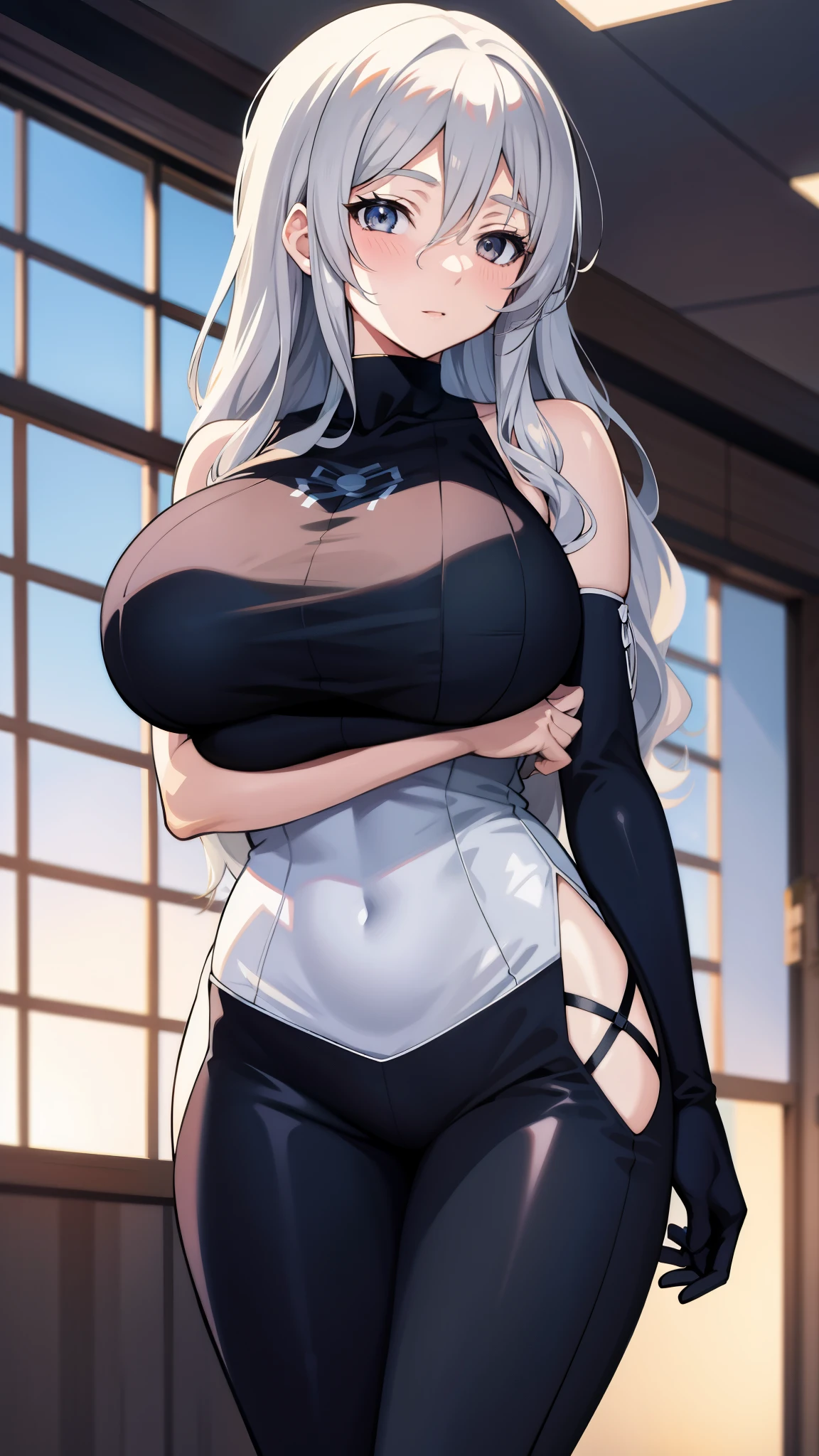 anime girl with big breast posing in front of a window, seductive anime girl, konachan wallpaper, perfect white haired girl,  4 k manga wallpaper, oppai, detailed digital anime art, anime best girl, beautiful anime girl, oppai cyberpunk, detailed anime artwork, portrait