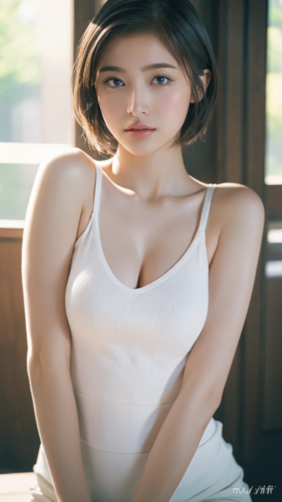 High resolution、masterpiece、Textured skin、High image quality、超High resolution、Very detailed、woman、20 years old、Center parted very short hair、Large Breasts、sexy、Perfect Style、Ray Tracing, Background blur, solo, Simple Background, 