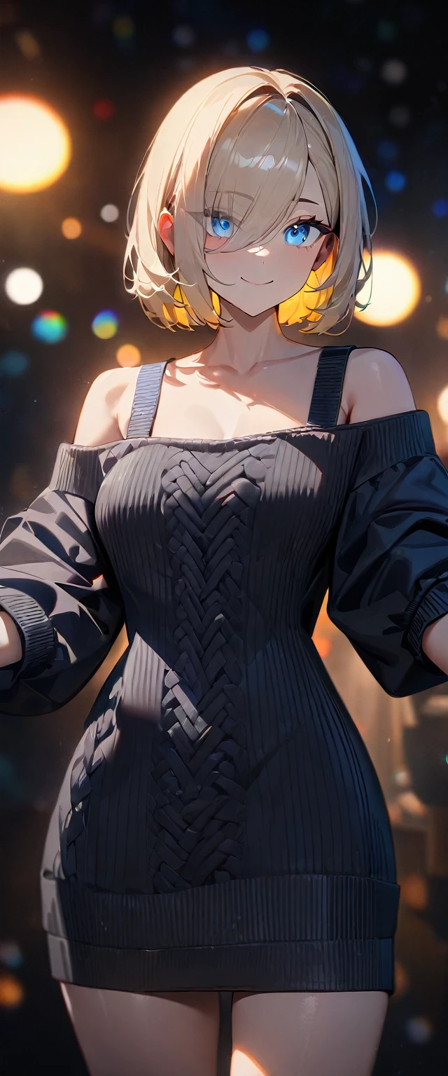 (((One girl))), blond hair, bob cut, big breasts, from side, (cowboy shot), (looking at viewer), ((black hot pants)), ((black virgin killer sweater)), face in focus, teenager, head tilt:1.3, (((blue eye))), ((happy smile)), ((blush)), ((clasping own hands)), anime style, (best quality, 4k, 8k, highres, masterpiece:1.2, ultra-detailed, ultra-detailed eyes, HDR, UHD, studio lighting, ultra-fine painting, sharp focus, physically-based rendering, extreme detail description, professional, vivid colors, bokeh)