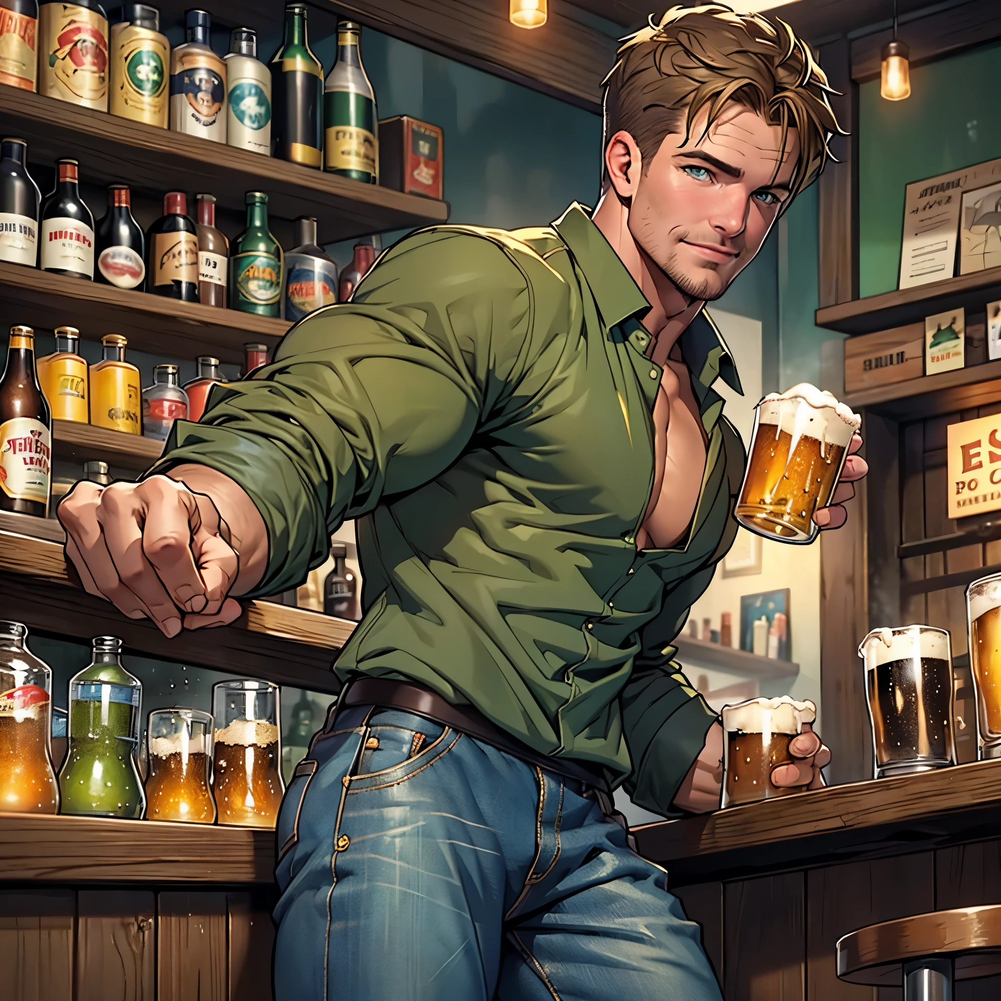 NSFW, gaysex of twosome , masterpiece , 8k , best quality ,very  very detailed face , natural eyes, 1man, young man, boy, muscled and mature, stephen amell sitting on a stool behind him a bar . wearing totally unbuttoned vintage jeans, showing his COCK , his nipples and muscles ,bartender behind the bar playing with stephen cock   , sweating,, , full body view , drinking a pitch of bear