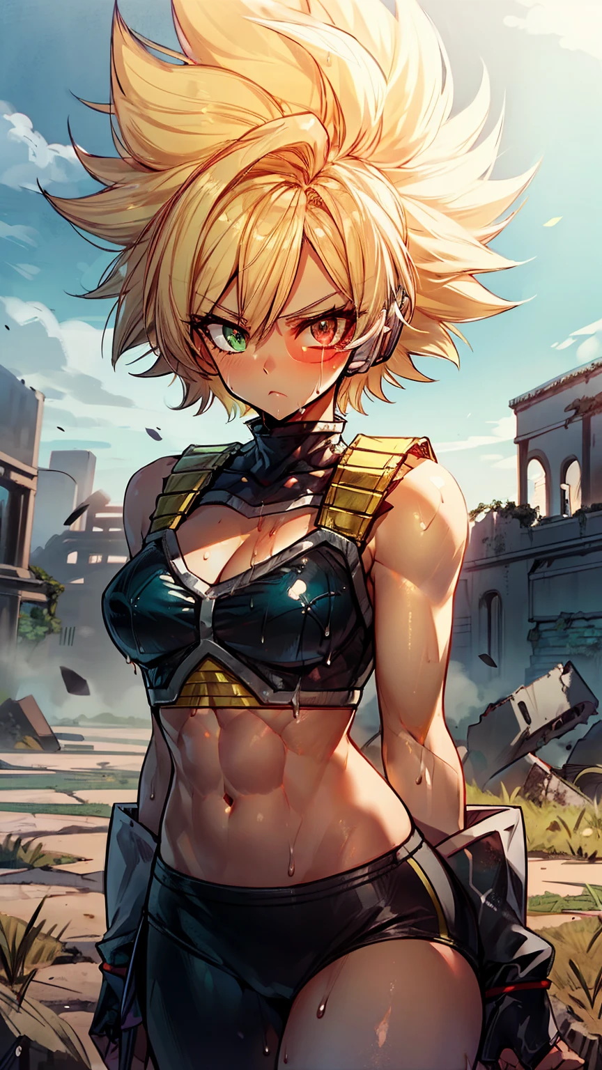 a blond  saiyan girl , hair bangs, ultra instinct ki , toned abs, raising eyebrow, serious expression, in a green field with ruins behind , crop top, muscular abs, thick blonde eyebrows,  black eyeliner, lip filler, epic saiyan armor, tinted eyewear, saiyan Scouter, saiyan armor,, leaking aura 