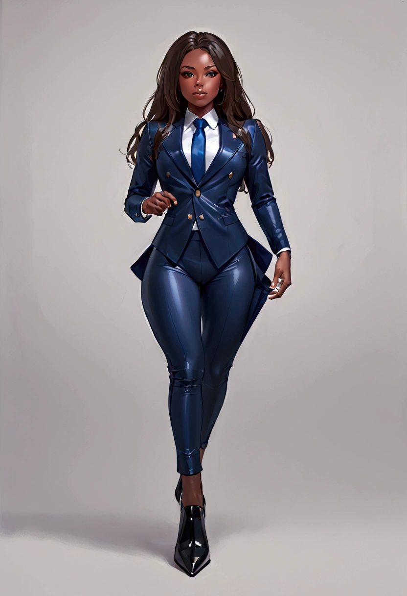 araffe Femboy in a suit and tie posing for a picture, wearing tight suit, tight attire, girl in a suit, Femboy in suit, intricate suit, tight navy-blue leather outfit, in spandex suit, intriguing outfit, wearing a strict business suit, business attire, tight outfit, in a business suit, wearing a plug suit, Femboy full body, African American,dark skin 