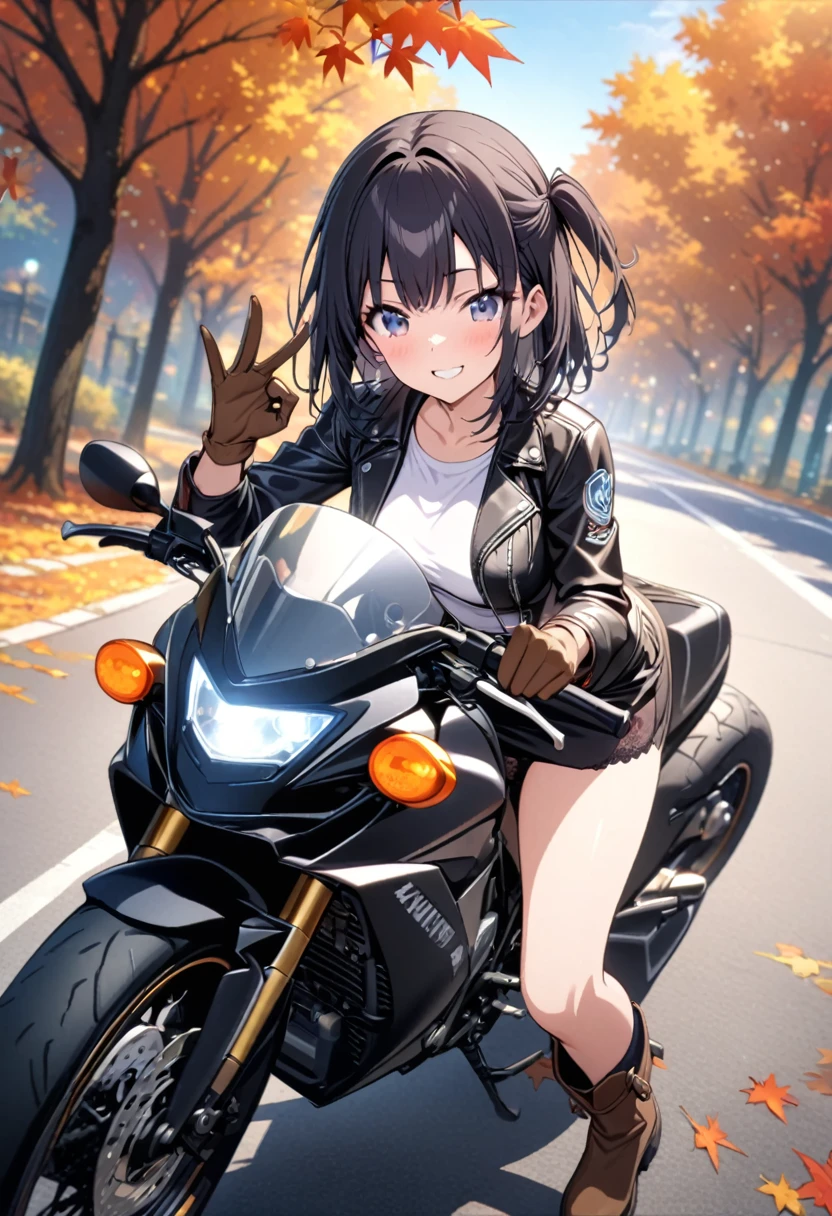 Masterpiece, Top Quality, Detailed, Super Beautiful CG, High Resolution, One Girl, (Beautiful Girl), (Cute Girl), Solo, Bangs, Looking at the Viewer, medium Breasts, Smiling, Fun, motorcycle, (Straddling Motorcycle:1.4)+,Tree-lined avenue with autumn leaves, autumn sky, blue sky, a ray of cloud, (hand sign V:1.4)+, Black leather jacket, double rider jacket, black mini skirt, brown long boots, brown gloves, black motorcycle white lace panties,パンチラ, White shirts that show the lines of the body