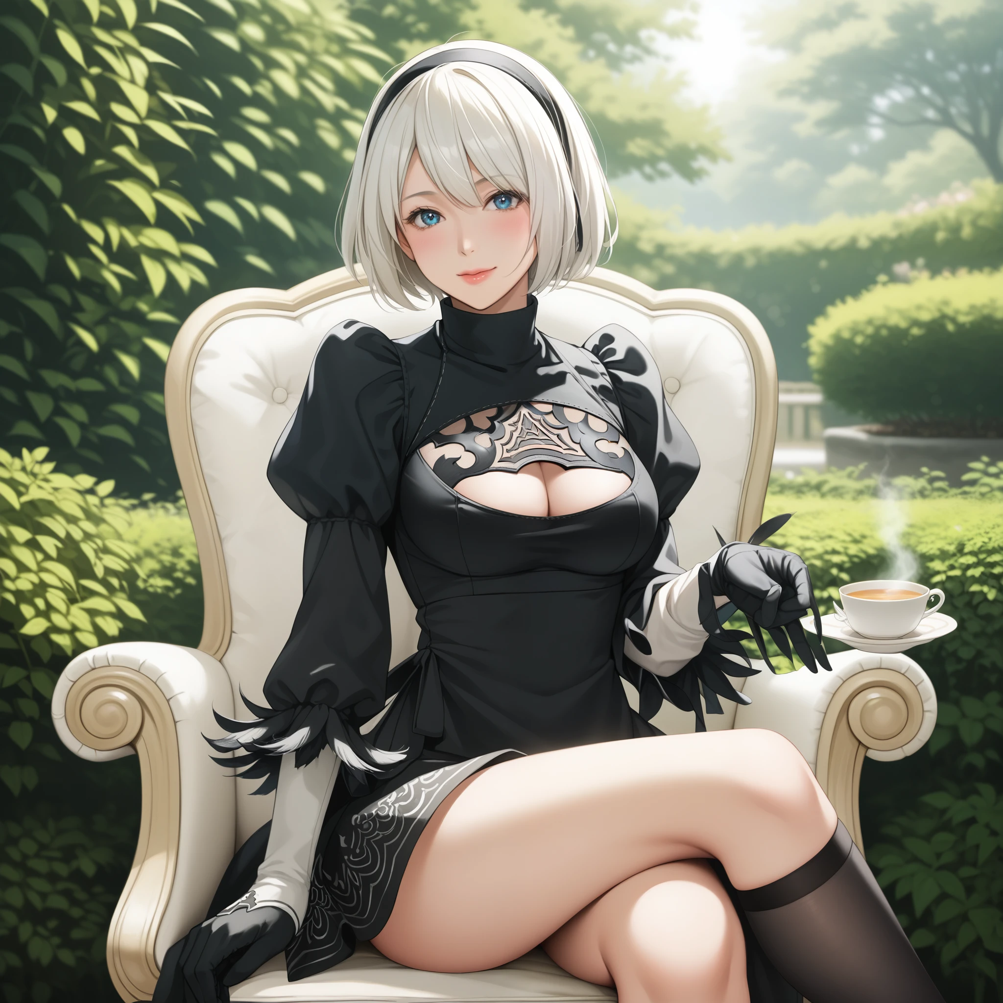 Automataにインスパイアされた、Nier Automata Characters、Nier Automata Cosplay、(High resolution、4K、Please redeem) Inspired by Nier、黒い服を着たGirl: Automata、Girl、Delicate and beautiful silvery white hair、Beautiful lip detail、And a highly detailed face with fine skin texture、She is sitting in a chair in a garden of vibrant colors、Blooming Flowers々Surrounded by、The garden is lit by soft natural light.、English garden creates a peaceful atmosphere、Girlの黒い衣装は光沢のある革素材で作られています、Gives a stylish and futuristic look、She has a teacup in her hand、Reflects sunlight、The cup is intricately decorated、Craftsmanship shines through、Girlの風になびく髪、Elegant tea time、Adding calm to a scene、Well-decorated tables, chairs and tea utensils、The overall image is realistic and photorealistic、Sharp focus and vibrant colors、Increase visual impact、This artwork is from Nier : Automataの本質を捉えており、Paying homage to the iconic character 2b