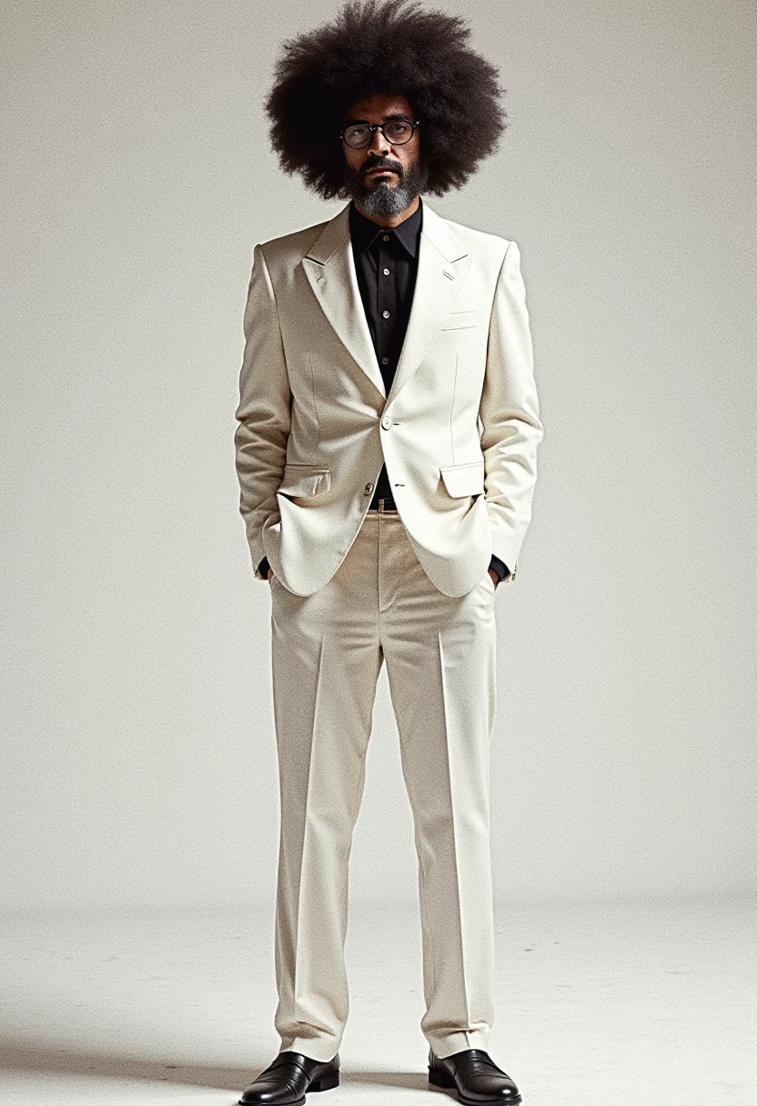 Close-up：A man in a white suit、Chinese with afro, A portrait of absurd elegance, Thinker，Weird fashion pioneer，Full body long shot,Weird expressionist pose,Strong stance, Fashion Photography, epic