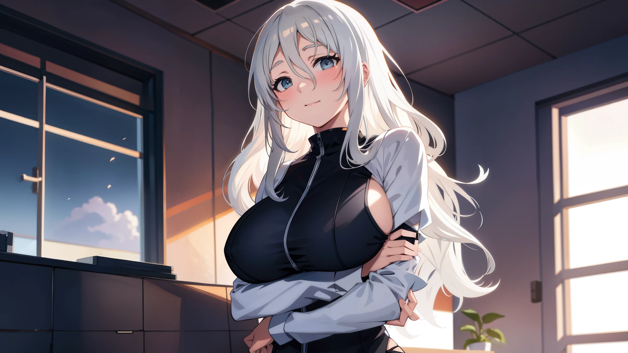 anime girl with big breast posing in front of a window, seductive anime girl, konachan wallpaper, perfect white haired girl,  4 k manga wallpaper, oppai, detailed digital anime art, anime best girl, beautiful anime girl, oppai cyberpunk, detailed anime artwork, portrait