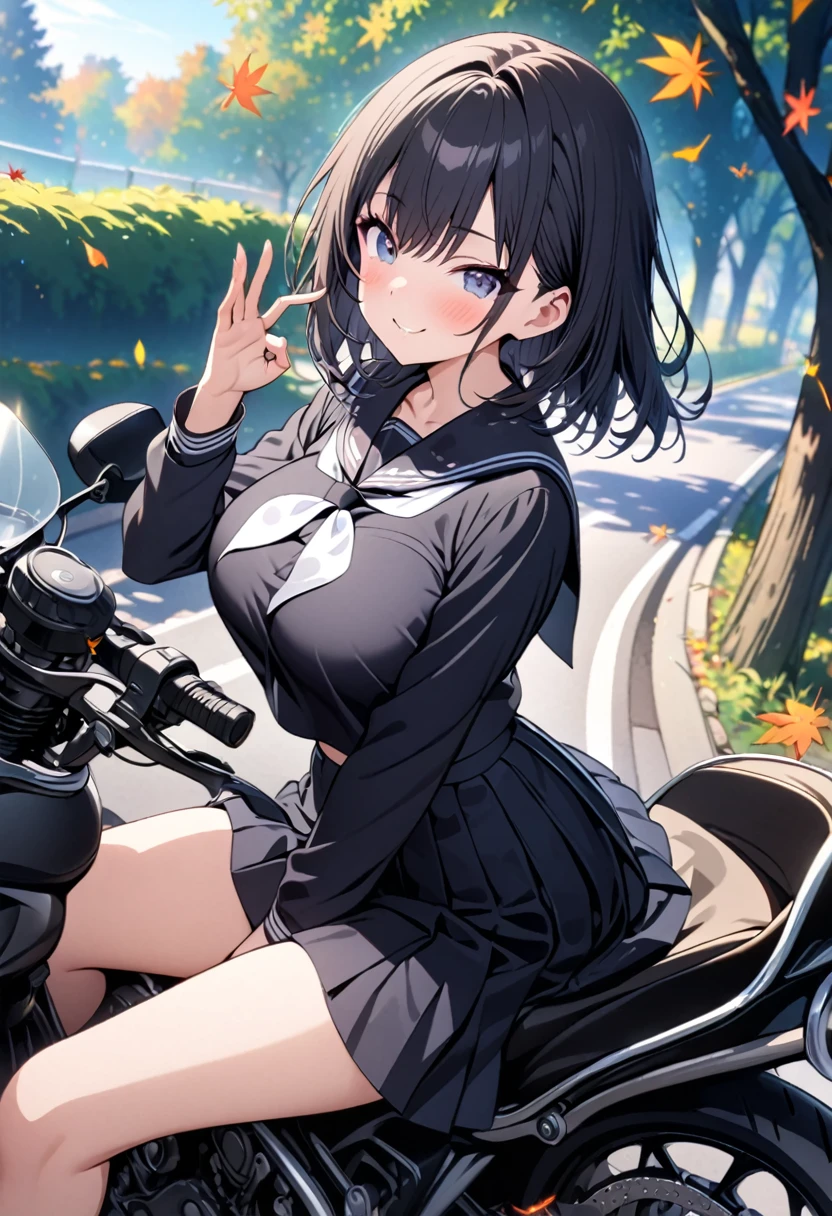 Masterpiece, Top Quality, Detailed, Super Beautiful CG, High Resolution, One Girl, (Beautiful Girl), (Cute Girl), Solo, Bangs, Looking at the Viewer, Big Breasts, Smiling, Fun, motorcycle,
white neckerchief, black school uniform, black shirt, long sleeves, pleated skirt, black serafuku, black sailor collar, black skirt, ,School Uniform, (Flipping Skirt:1.2), (Straddling Motorcycle:1.4)+,Tree-lined avenue with autumn leaves, autumn sky, blue sky, a ray of cloud, (hand sign V:1.4)+, (symbol-shaped pupils:0.1)-, (star-shaped pupils:0.1)-,