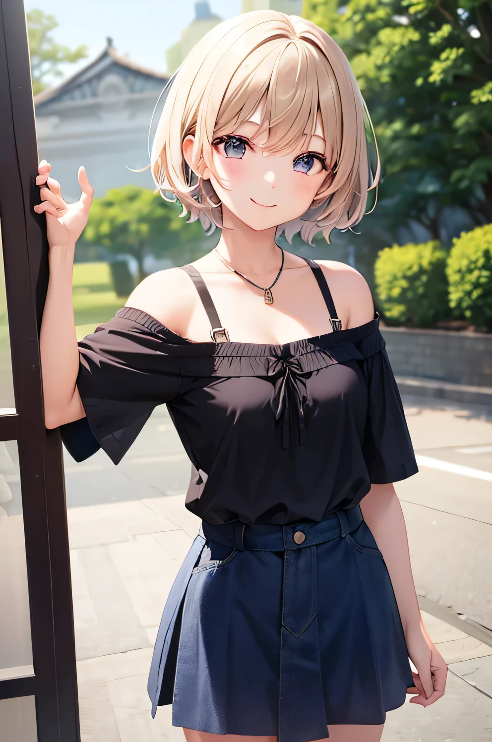 masterpiece, best quality, ultra detailed, highres, extremely detailed CG unity 8k wallpaper, perfect lighting,  very detailed background, Outdoor、beautiful and aesthetic,sharp focus, perfect face, Perfect hands、Perfect Fingers、Perfect toes、Five fingers、
1lady、 smiling、
Short blonde, large red eyes、delicate oval face、(flat chest:1.5)、Looking up at the viewer、
(Black maid outfit:1.1)、(off shoulder:1.3)、(midriff peek:1.5)、
Ambient light、Volumetric Light、shoot from side、(Glowing Skin:1.3)