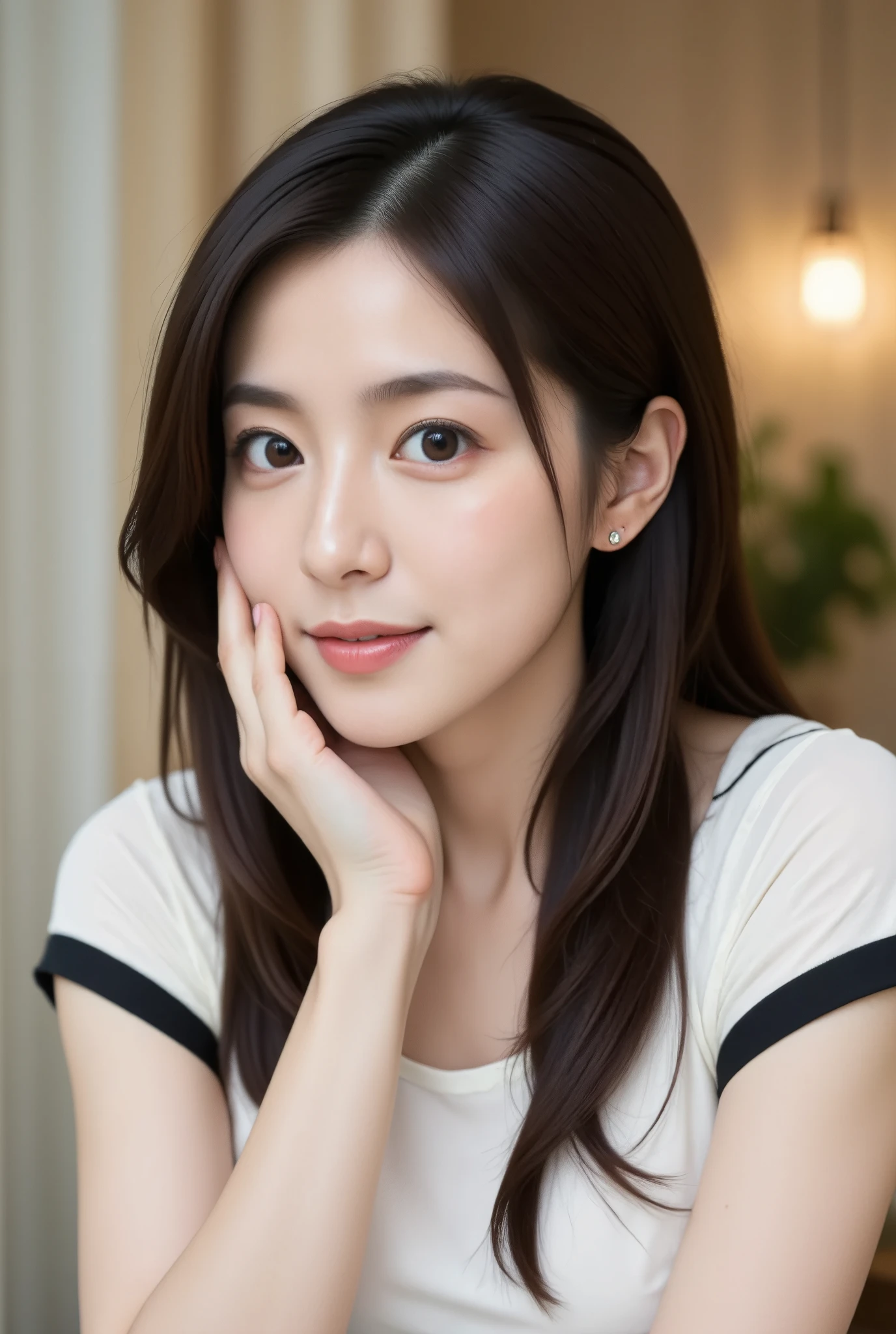 A photo of a young Korean woman with flawless, glowing skin and a soft smile, giving off a warm and friendly vibe. Her long, straight dark brown hair is neatly styled, framing her face and cascading down her shoulders. She is dressed in a casual yet stylish white top with black accents, which subtly highlights her delicate collarbones. Her pose is relaxed as she rests her cheek on her hand, looking directly at the camera with gentle, almond-shaped eyes. She is wearing small, elegant earrings that add a touch of refinement to her appearance. The background is softly lit, with muted tones of beige and light green, creating a calm and cozy atmosphere