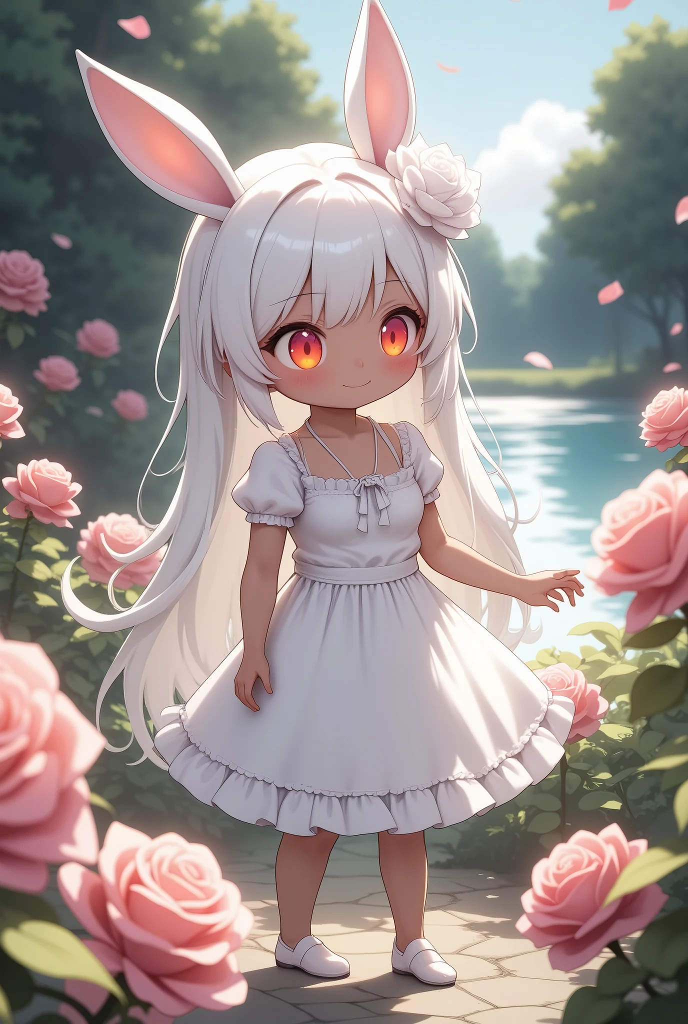 solo,1girl\(chibi,cute,kawaii,small kid,white hair,long hair,bangs,ear\(fluffy,white,rabbit-ear\),red eye,big eye,beautiful shiny eye,skin color white,big hairbow,white frilled dress,breast,cute pose,full body\),background\(some roses,by the beautiful lake,beautiful sunny day\),dynamic camera work,landscape