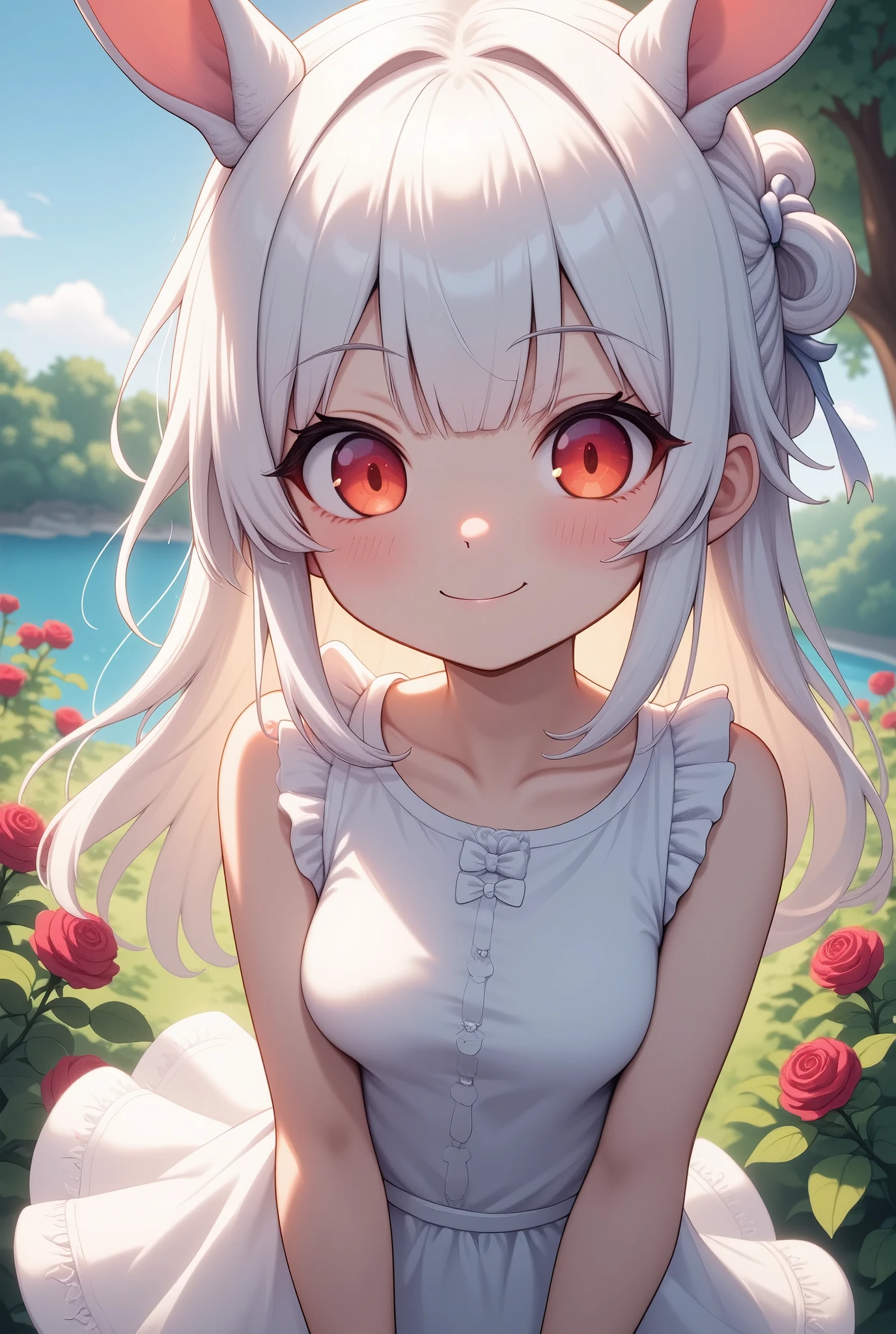 solo,1girl\(chibi,cute,kawaii,,white hair,long hair,bangs,ear\(fluffy,white,rabbit-ear\),red eye,big eye,beautiful shiny eye,skin color white,big hairbow,white frilled dress,breast,cute pose\),background\(some roses,by the beautiful lake,beautiful sunny day\),close-up shot of the girl,dynamic camera work