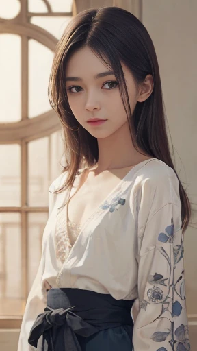 (8k, RAW photo, best quality, masterpiece:1.2), (realistic, photo-realistic:1.4), (extremely detailed CG unity 8k wallpaper), (1 girl:1.5), Japan style beauty, (Light blue clothes: 1.4), red spots on forehead, pale skin, blush, big eyes, half body, potrait, nice pose, was in the gamers room, light blue kimono, kimono girl, omnyoji, kagura,