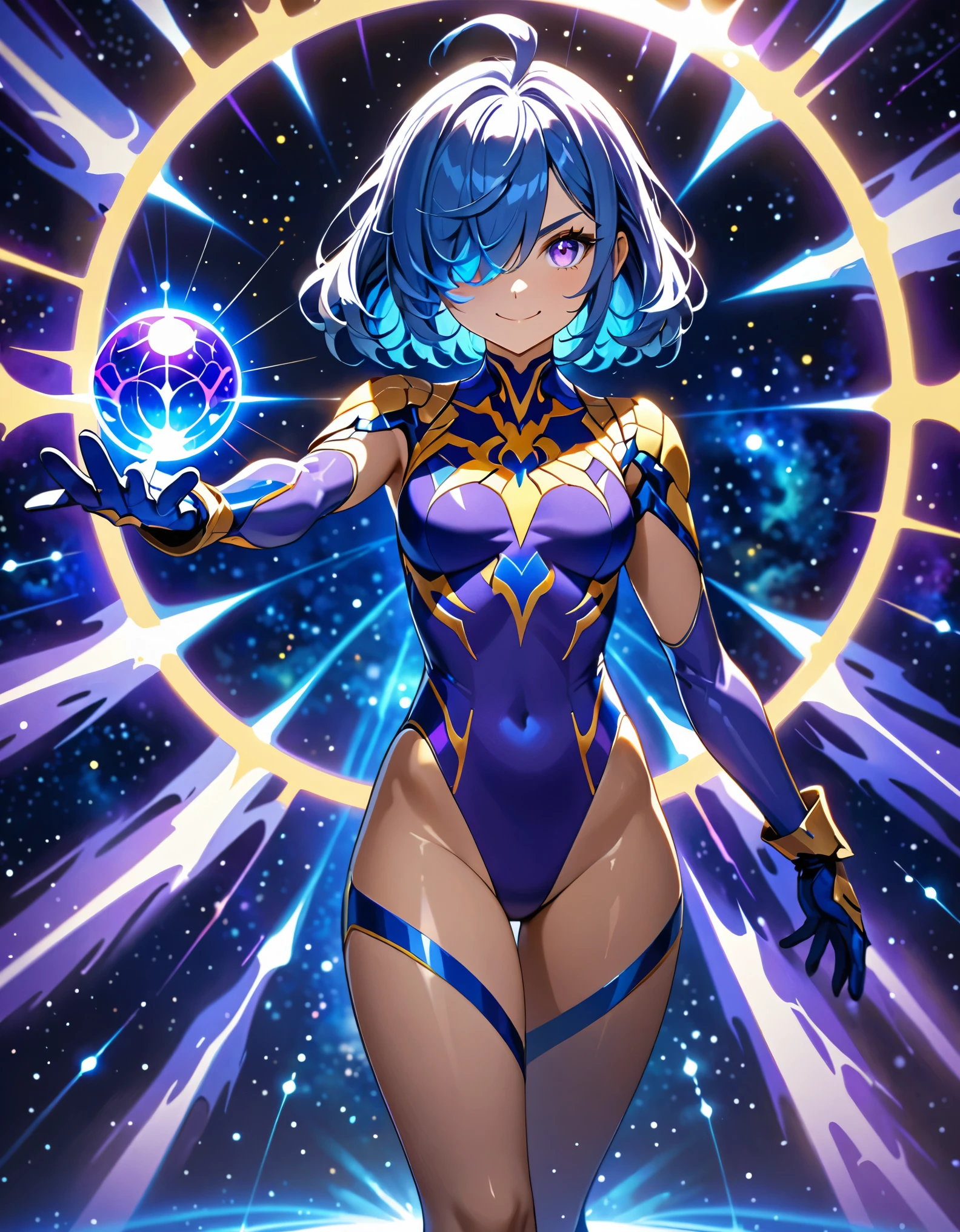 (masterpiece, best quality, high quality, highres:1.4), detailed, extremely detailed, ambient soft lighting, 4K, 1lady, solo, solo focus, beautiful french woman, perfect ???????, medium breasts, (leotard, purple and blue leotard with white accents, bare legs), ((yellow scorpion (symbol) on chest)). boots, matching boots, (perfect hands:1.2), gloves, matching gloves, blue hair, medium hair, (hair over one eye:1.3), ahoge, purple eyes, beautiful detailed eyes, beautiful detailed face, full body. (legs straight). standing straight. v-shaped eyebrows, smile, energy ball on hand, outer space backdrop, (power, aura, blue aura), energy pulse, diffraction spikes, light particles, time warp, ripples. full body costume design.