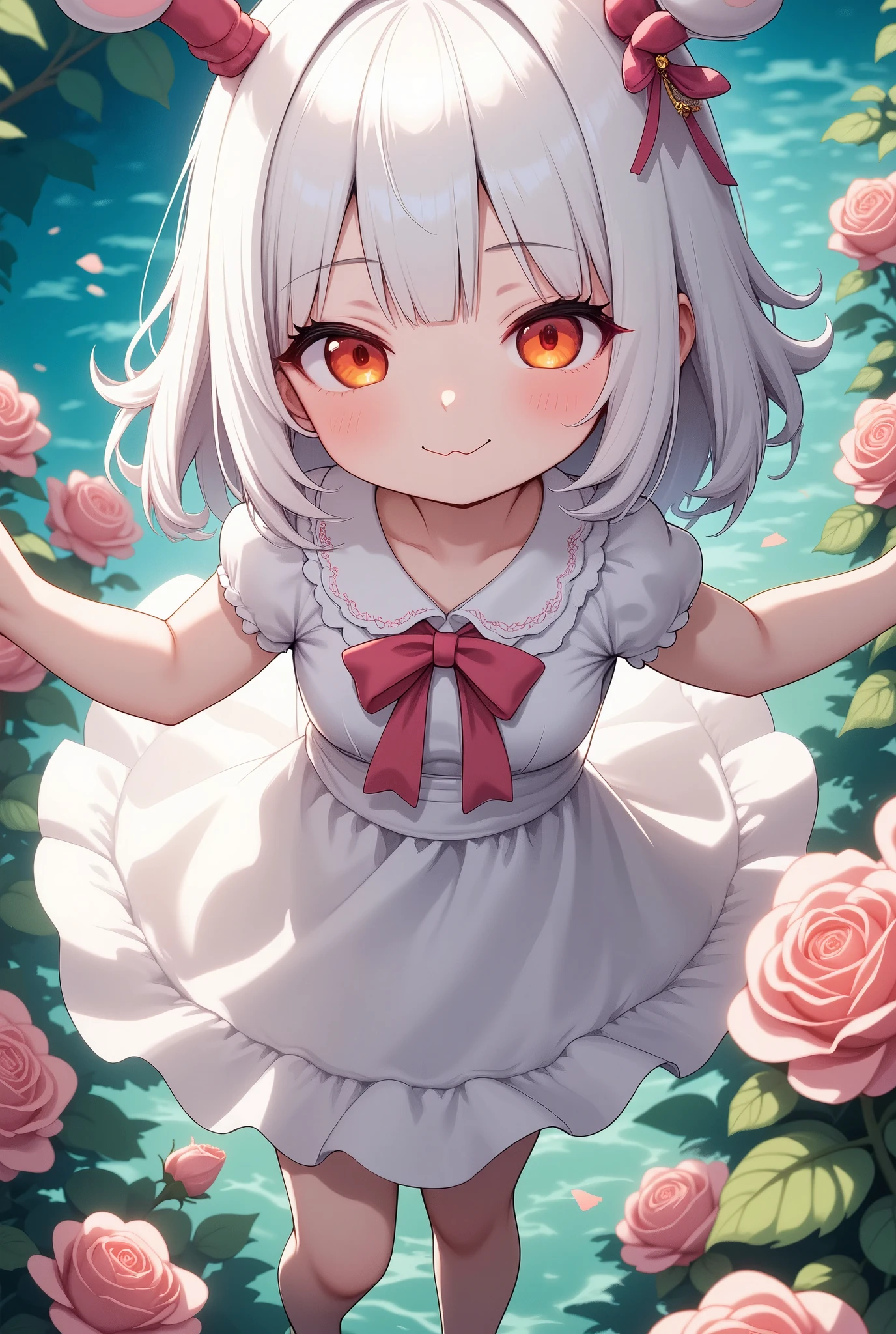 solo,1girl\(chibi,cute,kawaii,small kid,white hair,long hair,bangs,ear\(fluffy,white,rabbit-ear\),red eye,big eye,beautiful shiny eye,skin color white,big hairbow,white frilled dress,breast,cute pose\),background\(some roses,by the beautiful lake,beautiful sunny day\),close-up shot of the girl,dynamic camera work