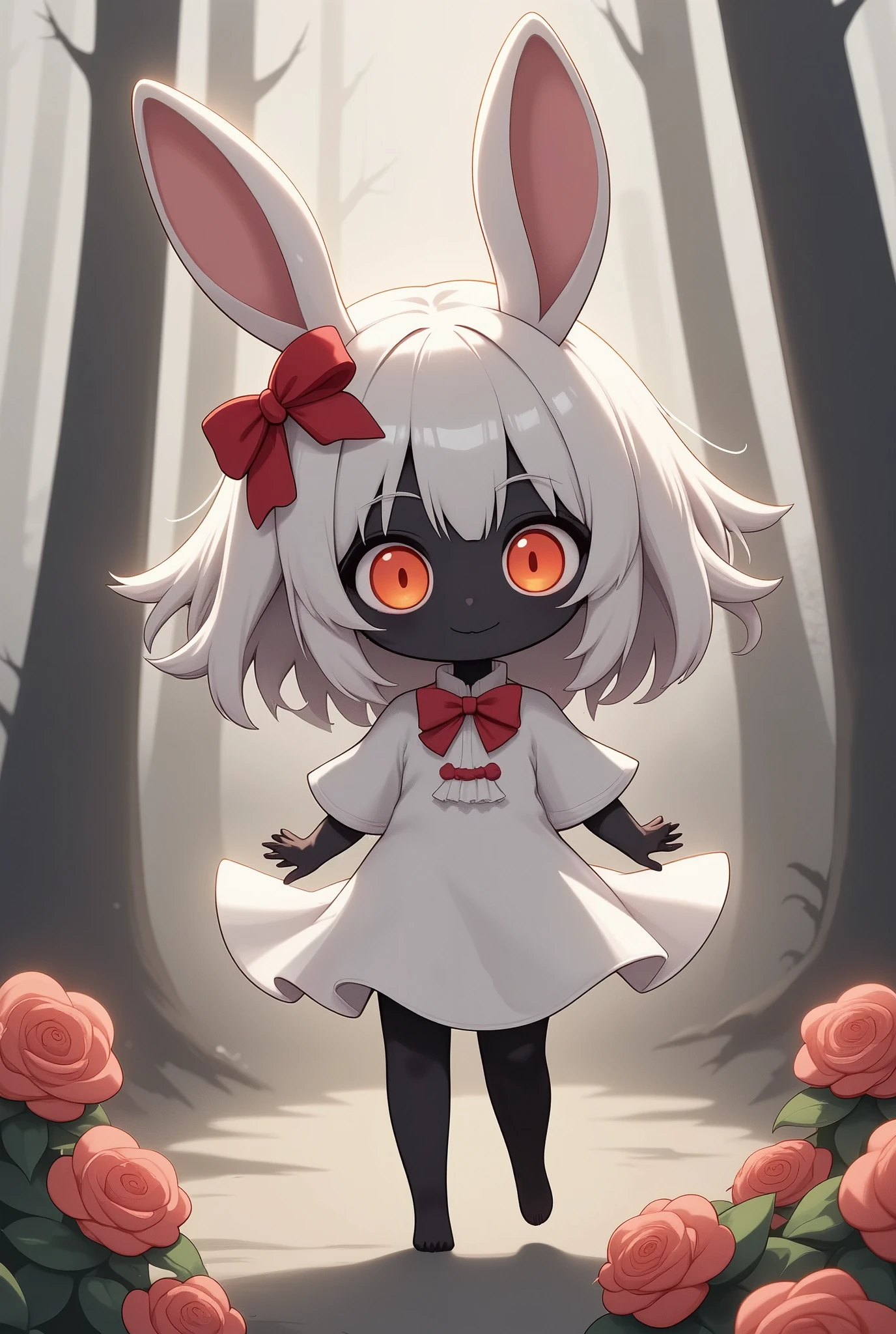 solo,1girl\(chibi,cute,kawaii,small kid,white hair,long hair,bangs,ear\(fluffy,white,rabbit-ear\),red eye,big eye,beautiful shiny eye,skin color white,big hairbow,white frilled dress,breast,cute pose,full body\),background\(some roses,by the beautiful lake,beautiful sunny day\),dynamic camera work,landscape